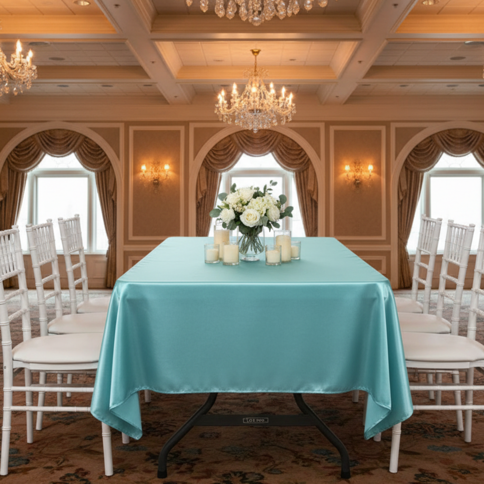 Front view short table teal satin tablecloth 4 chairs each side