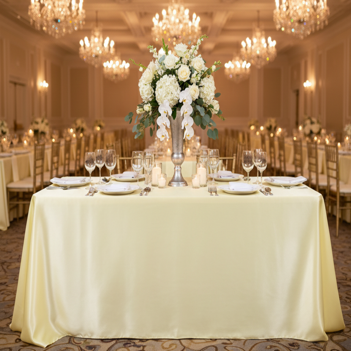 Front view indoor ballroom yellow satin tablecloth