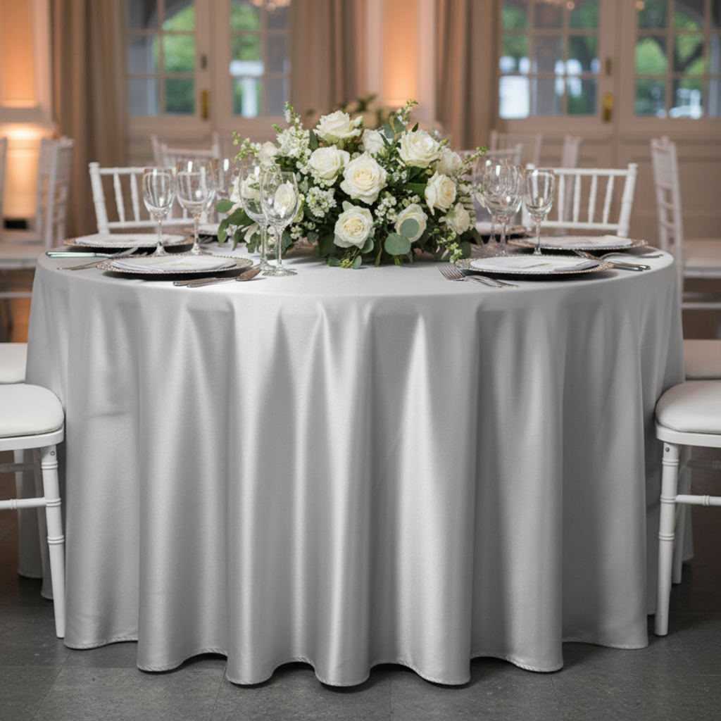 Front View - Silver Satin Color & Fabric Matched