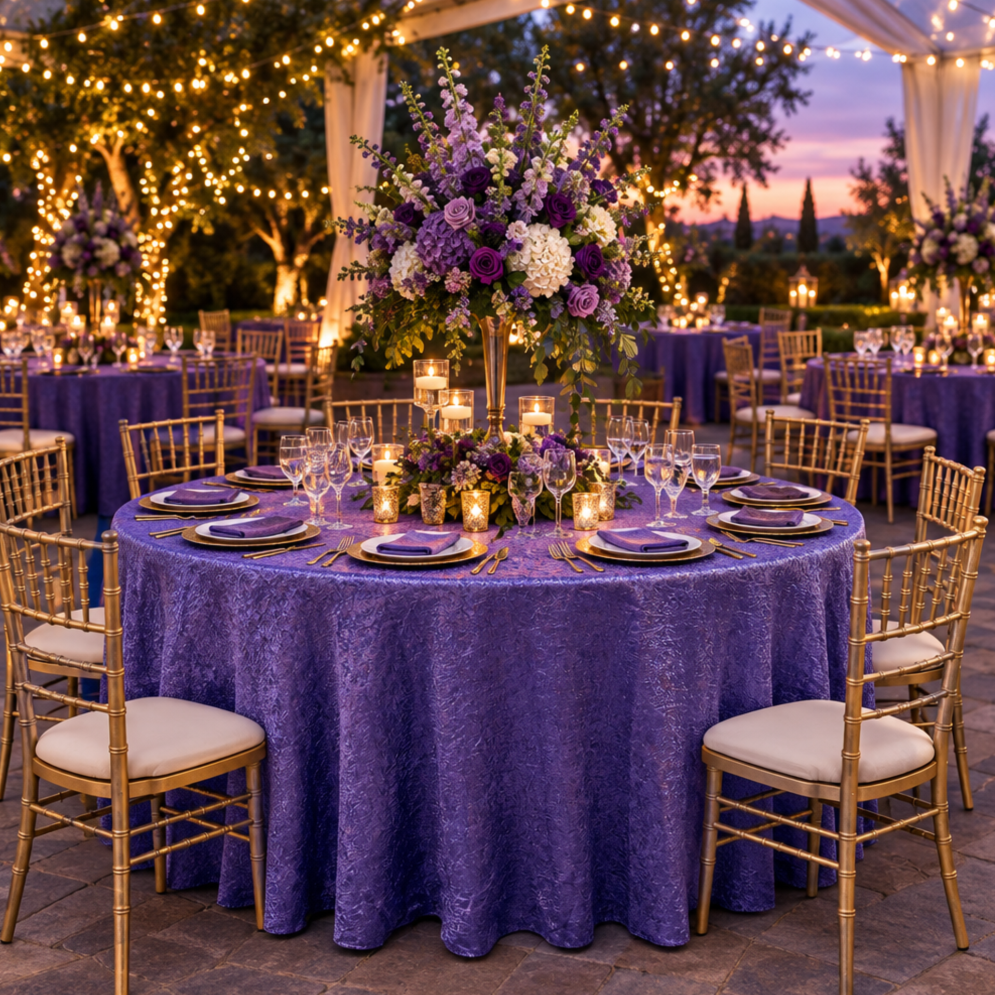Garden gala twilight scene with purple crinkle shimmer tablecloth on a large round table
