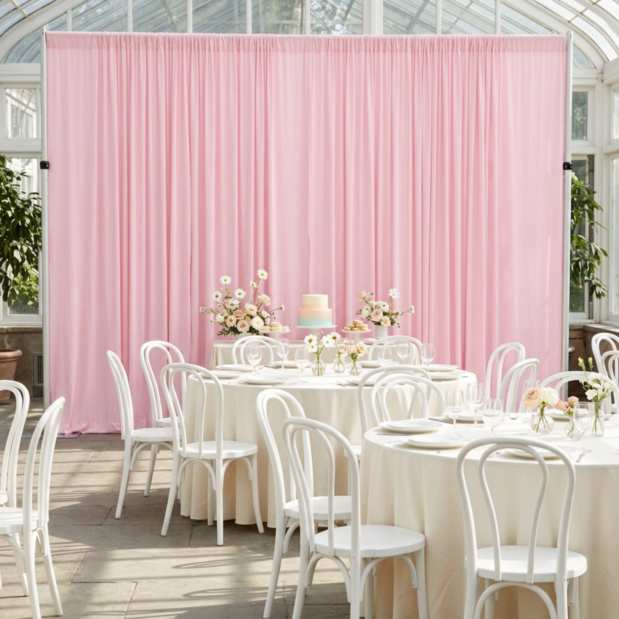 Garden-inspired floral baby shower with pink drape