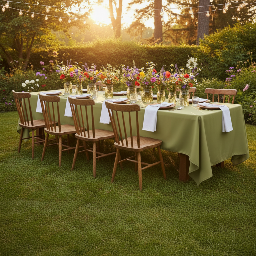 60"x120" Rectangular Premium Polyester Tablecloth Moss Green Garden Brunch setting