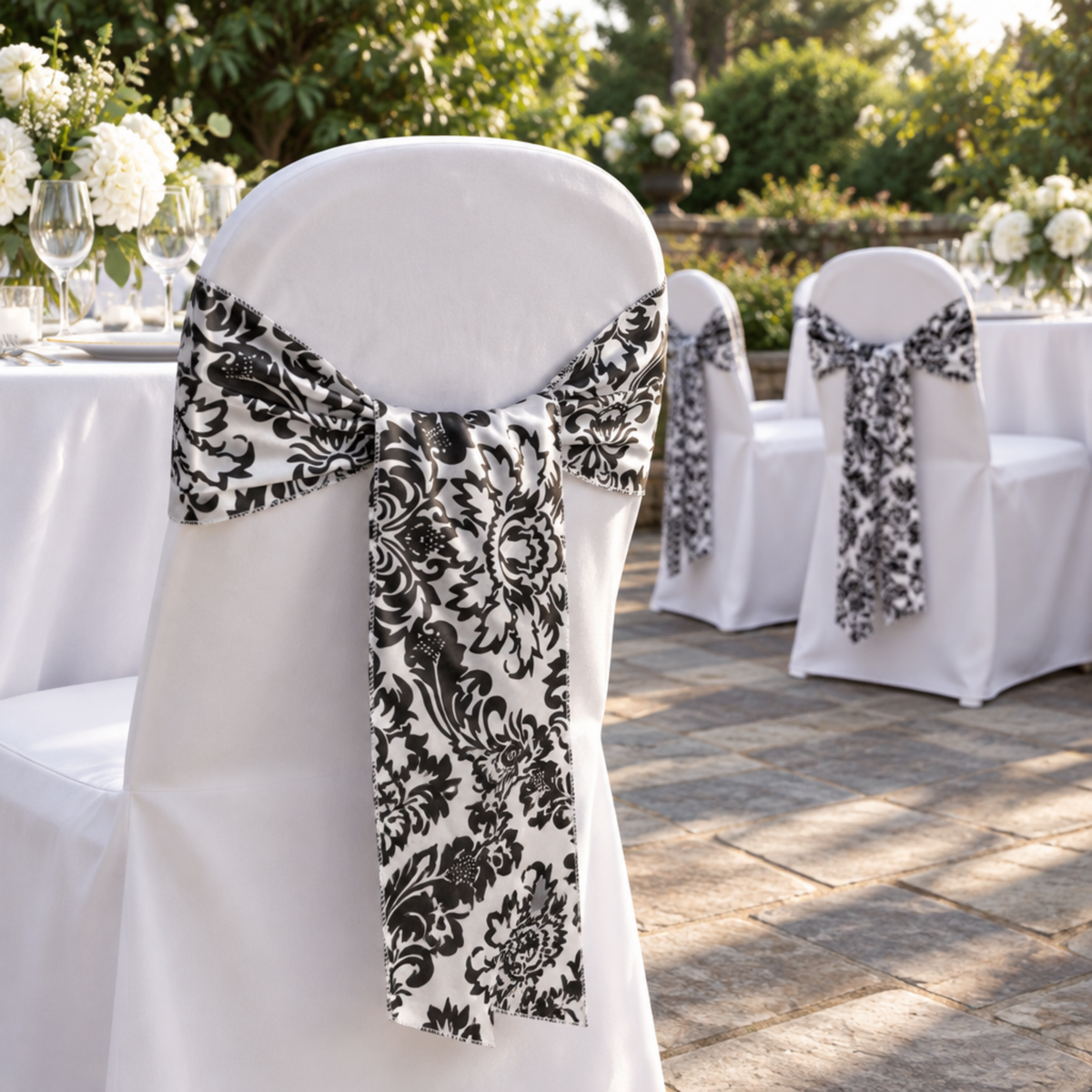 Garden reception with damask chair sash