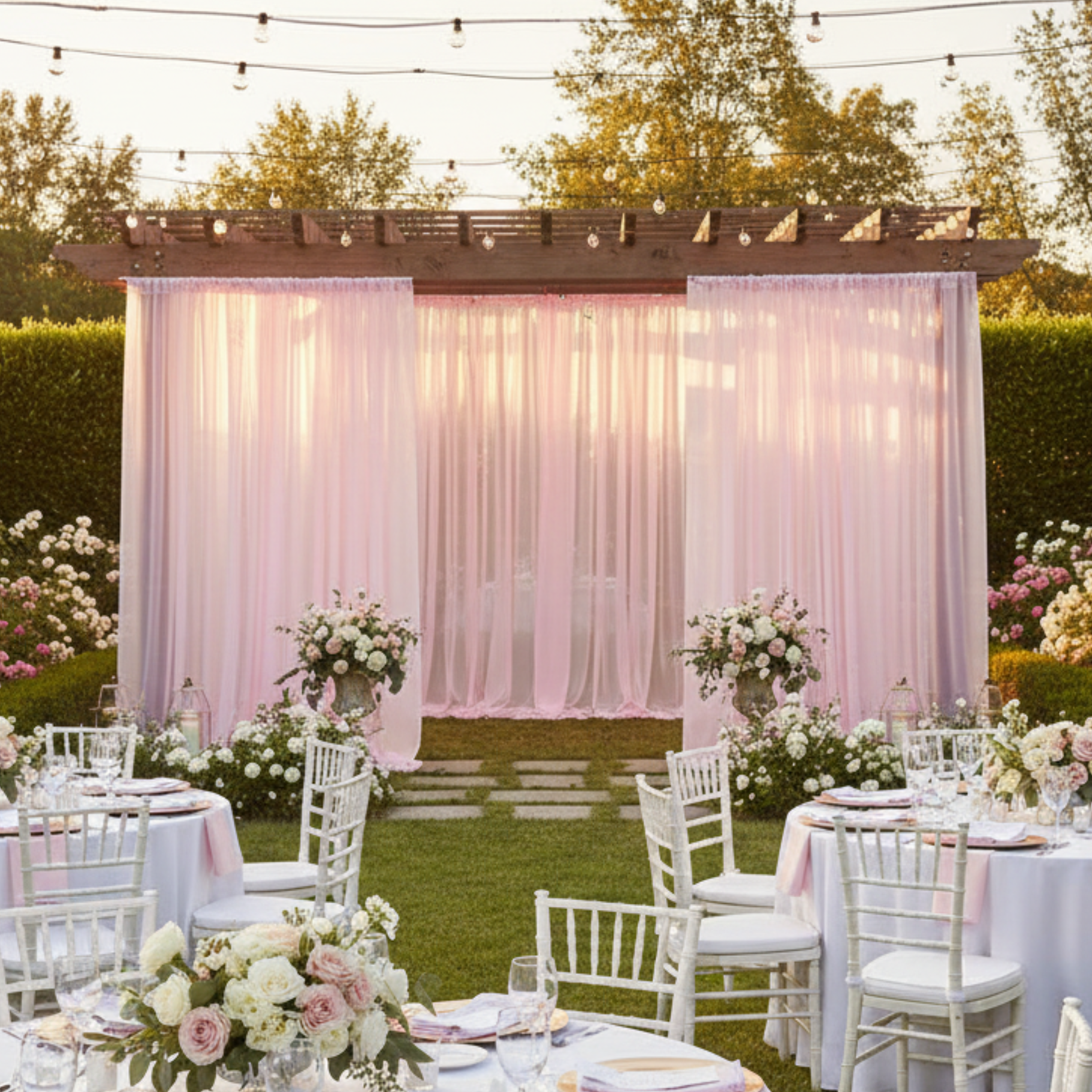 Garden wedding reception pergola pink voile drape