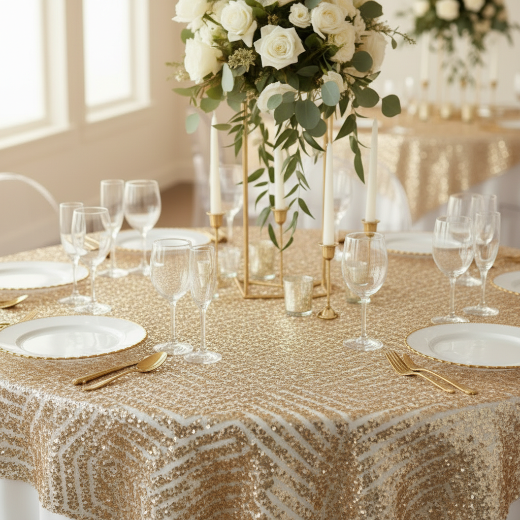 Geometric Glitz Art Deco Sequin Table Overlay Topper 72"x72" Square - Gold.