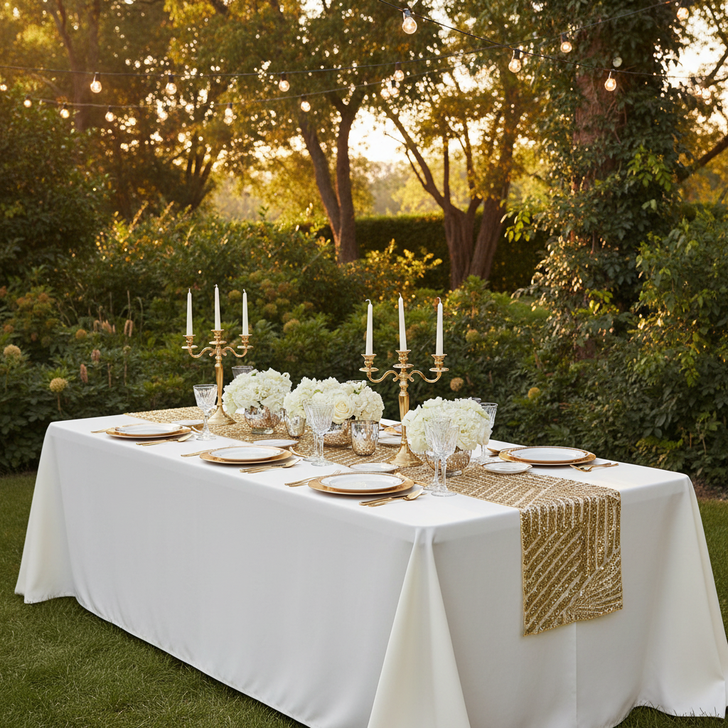 Geometric Glitz Art Deco Sequin Table Runner - Gold in Outdoor Reception.