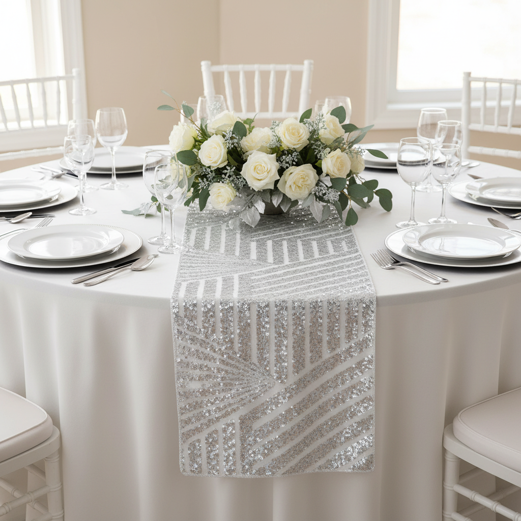 Geometric Glitz Art Deco Sequin Table Runner - Silver.