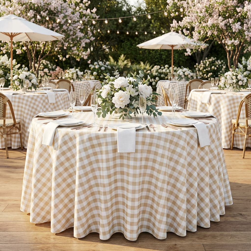 Gingham Checkered Polyester 120" Round Tablecloth - Beige & White - Front View