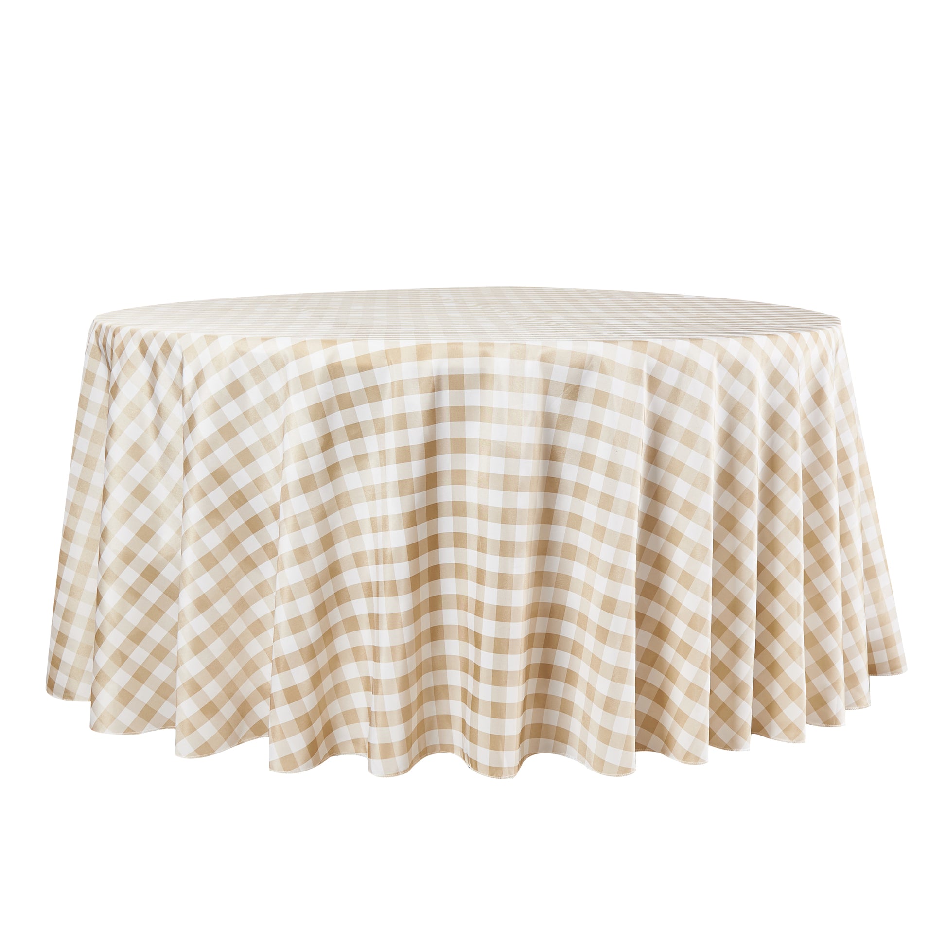 Gingham Checkered Polyester 120" Round Tablecloth - Beige & White - White Background