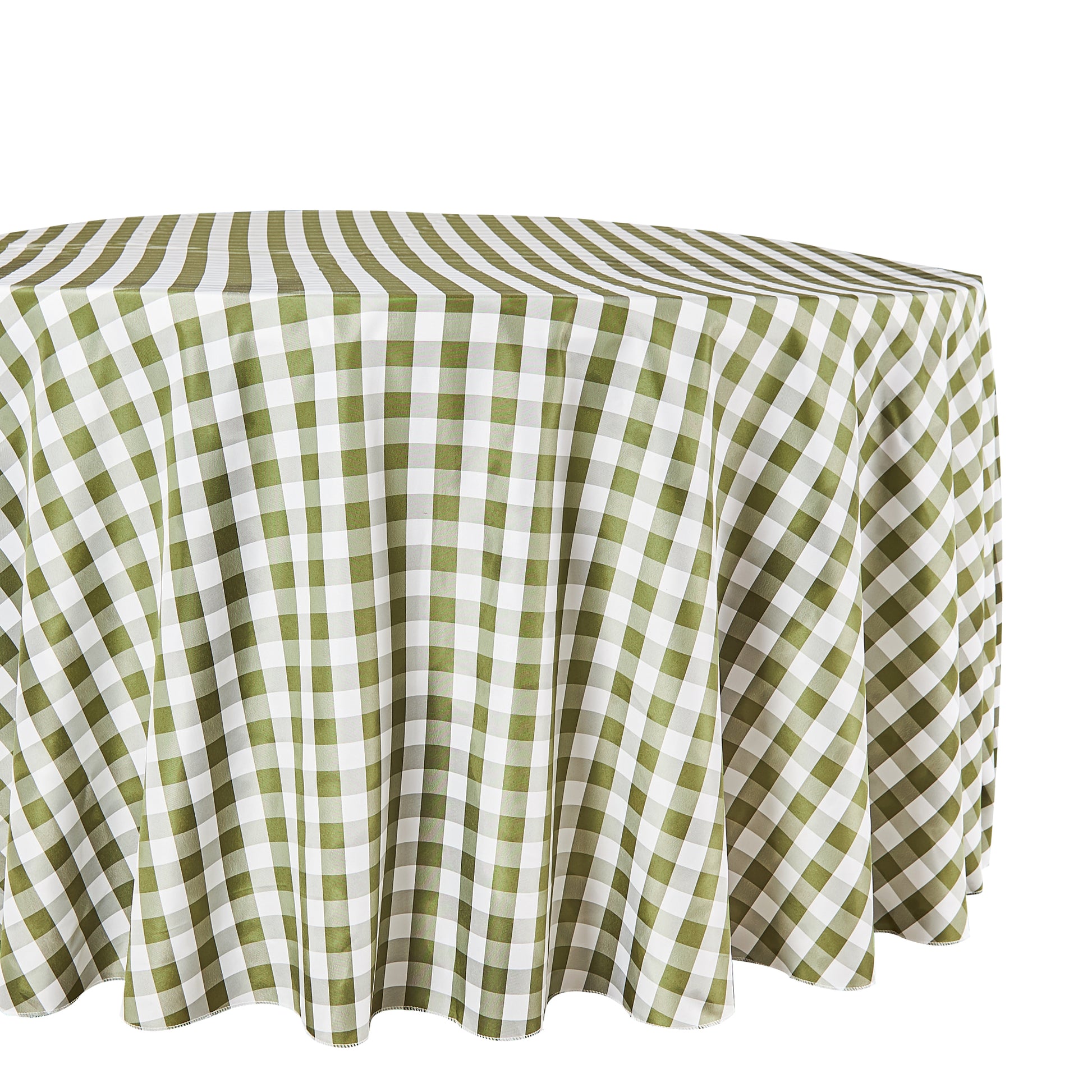 Gingham Checkered Polyester 120" Round Tablecloth - Olive Green & White - White Background