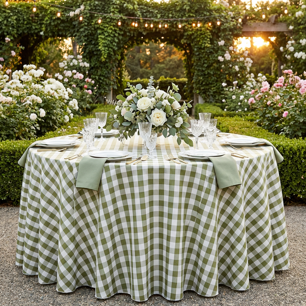 Gingham Checkered Polyester 120" Round Tablecloth - Olive Green & White - Garden Event View