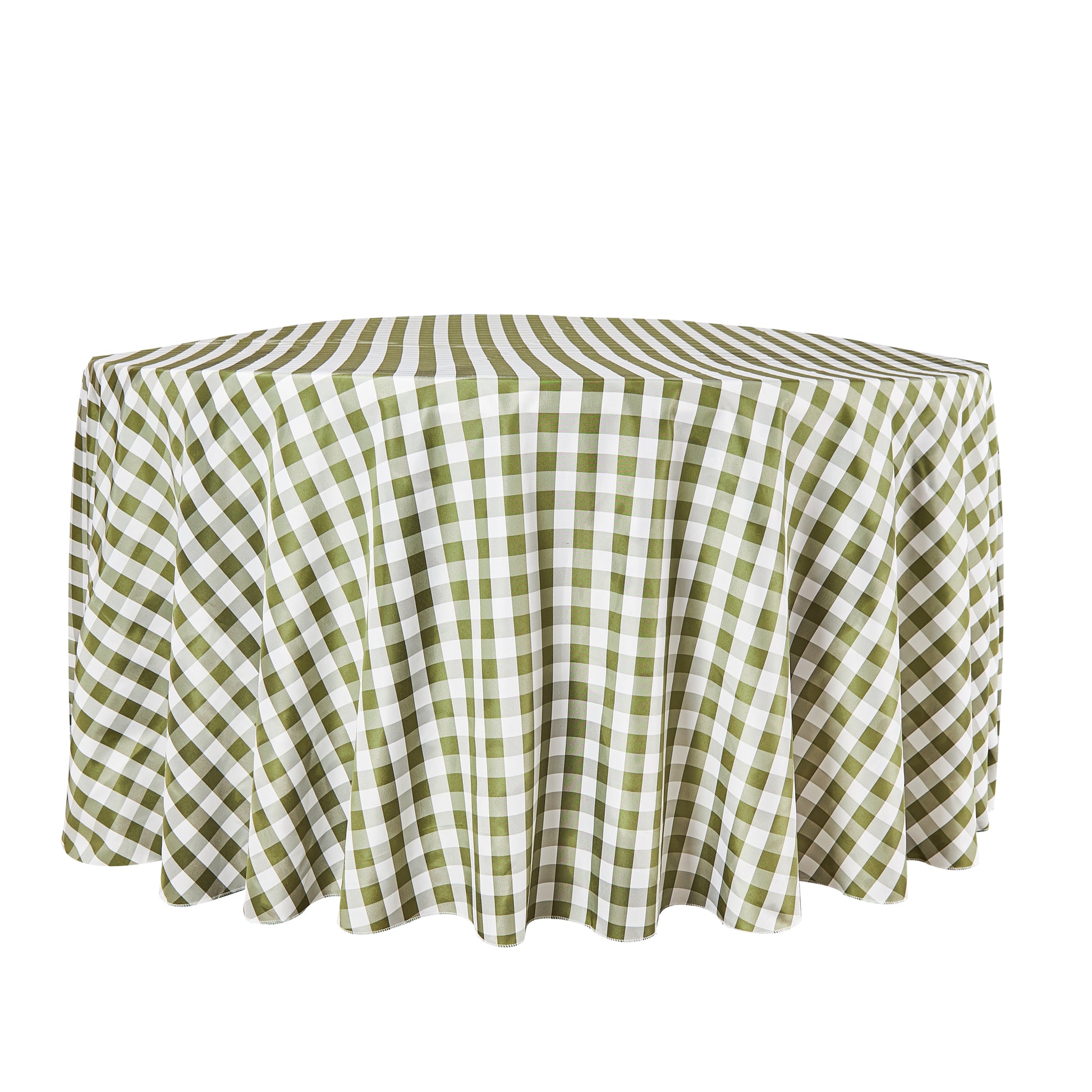Gingham Checkered Polyester 120" Round Tablecloth - Olive Green & White - White Background