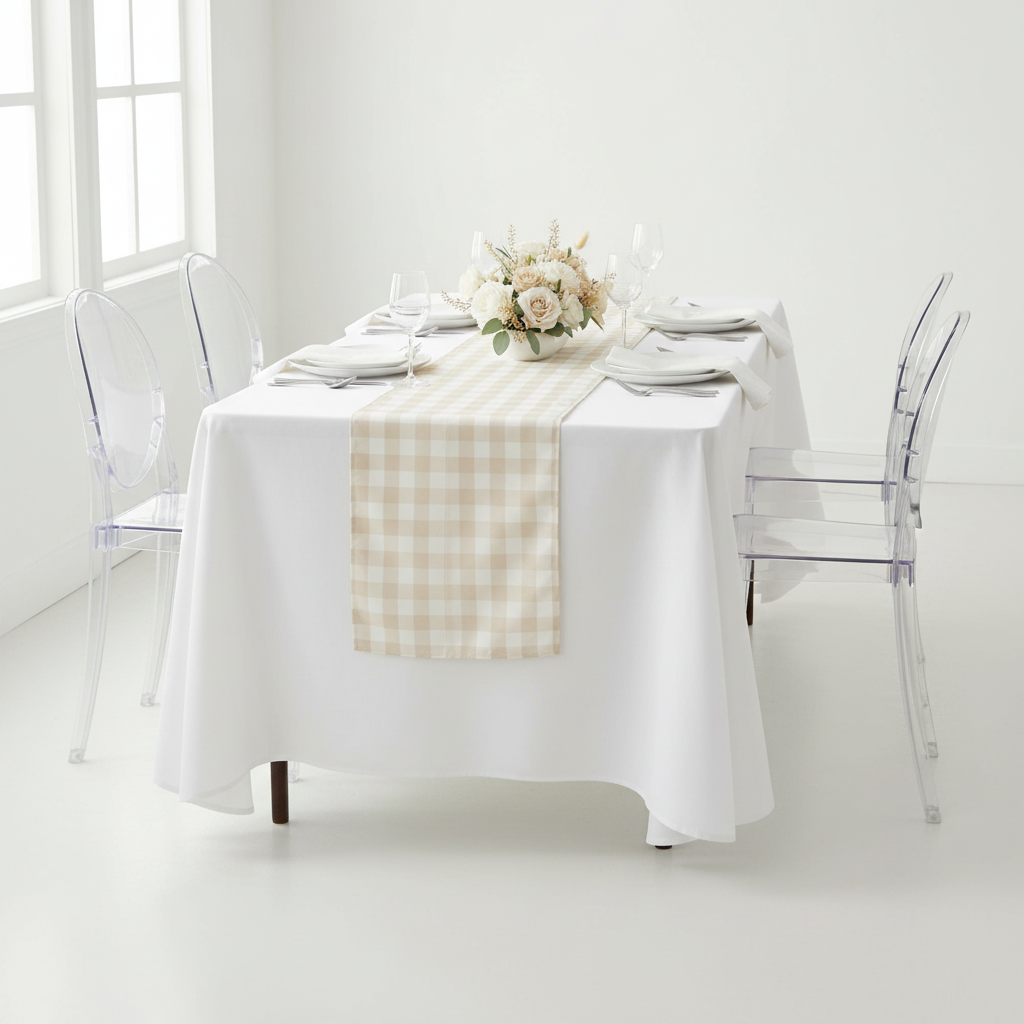 Gingham Checkered Polyester Table Runner - Beige & White.