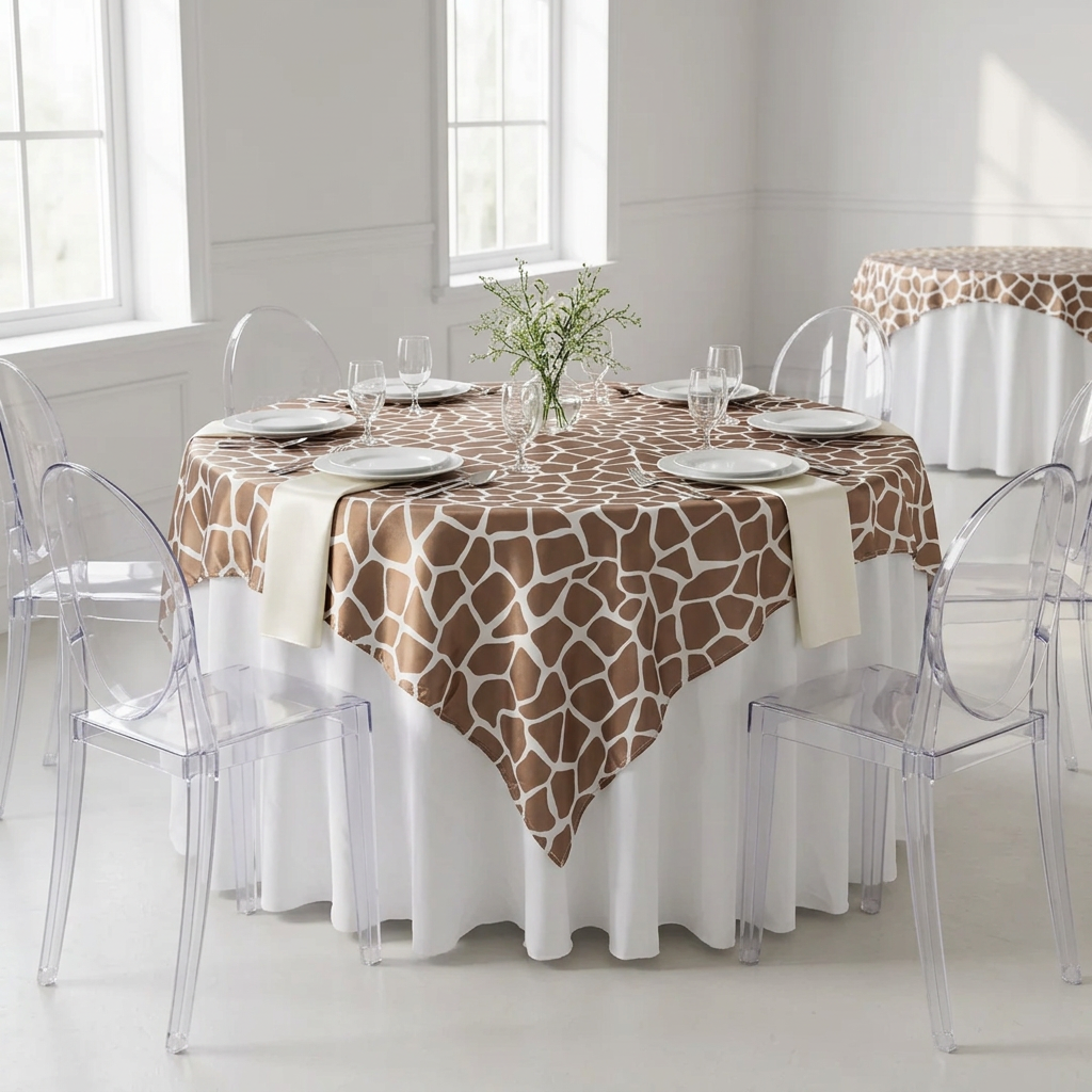 Giraffe Animal Print Square 72"x72" Satin Table Overlay.
