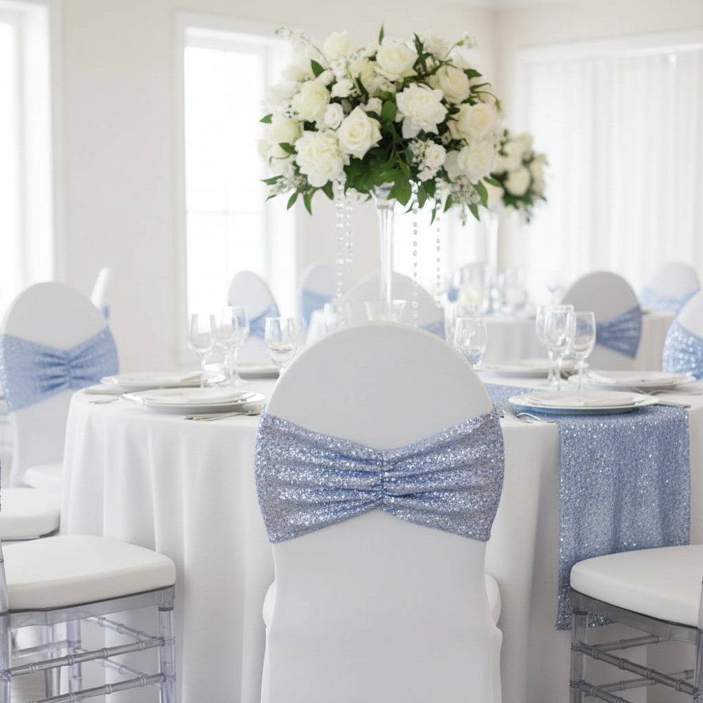 Glitz Ruffle Sequin Spandex Chair Band Sash - Dusty Blue.