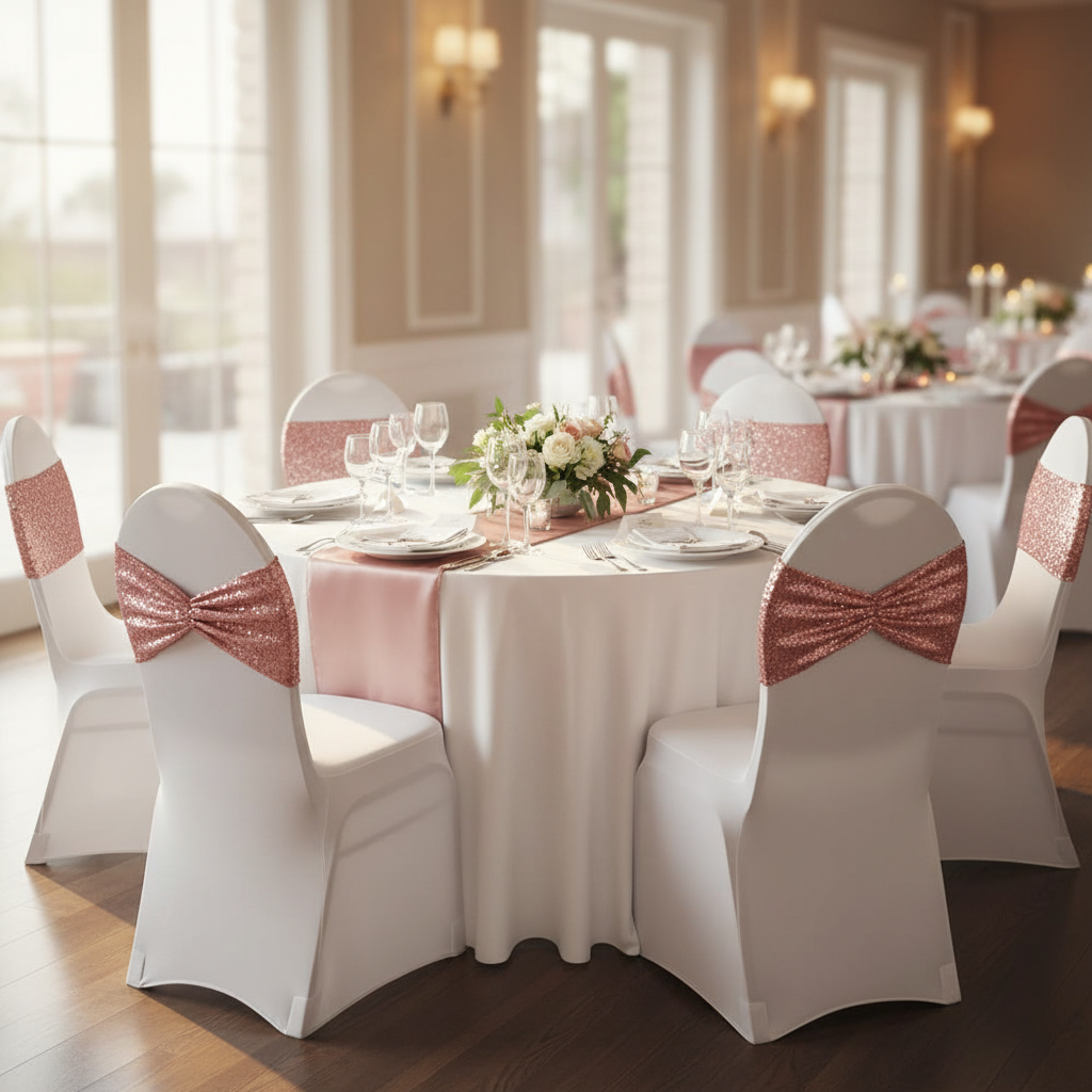 Glitz Ruffle Sequin Spandex Chair Band Sash - Dusty Rose/Mauve.