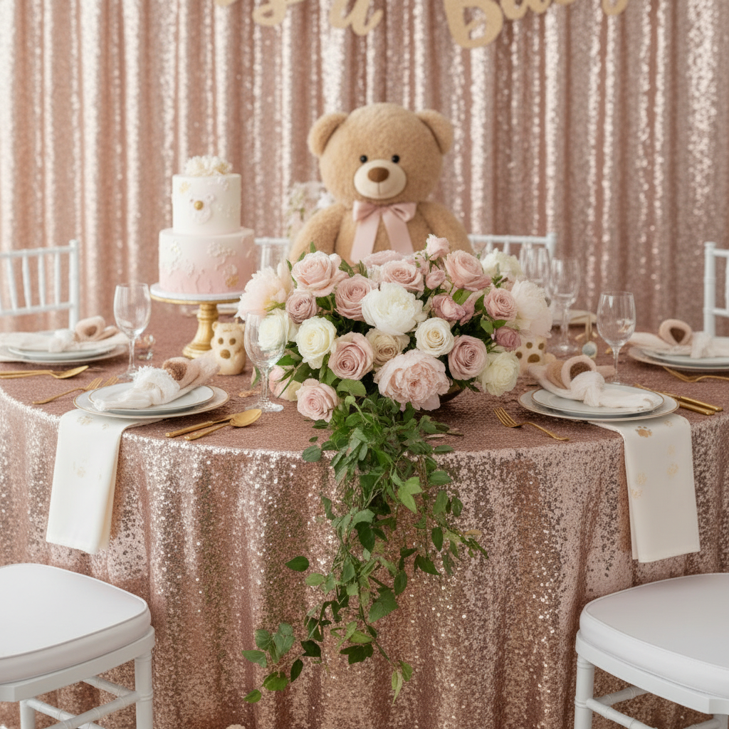 Glitz Sequin 12ft H x 52" W Drape/Backdrop panel - Blush/Rose Gold.