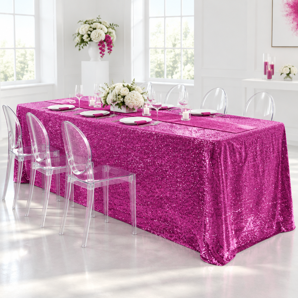 Glitz Sequin 90"x132" Rectangular Tablecloth - Fuchsia.