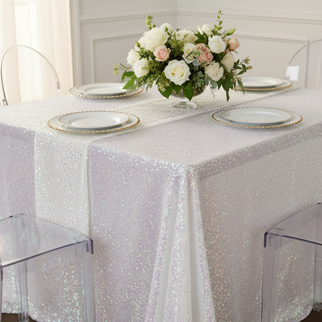 Glitz Sequin 90"x132" Rectangular Tablecloth - Iridescent White.