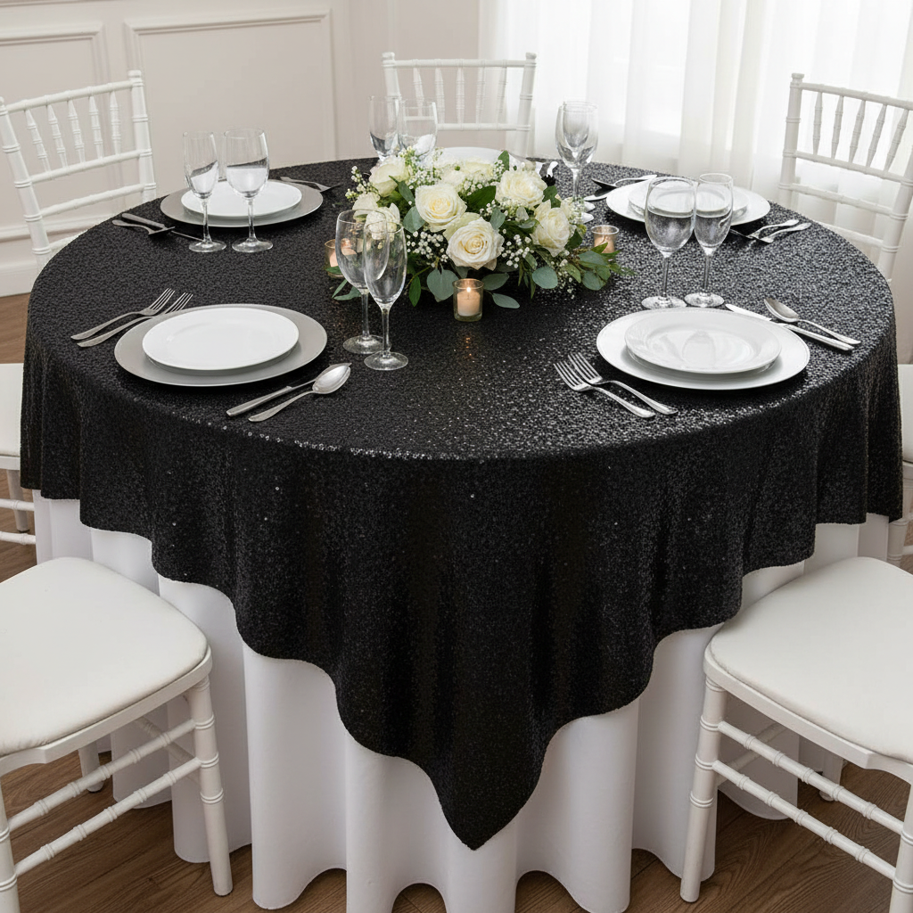 Glitz Sequin Table Overlay Topper 90"x90" Square - Black.