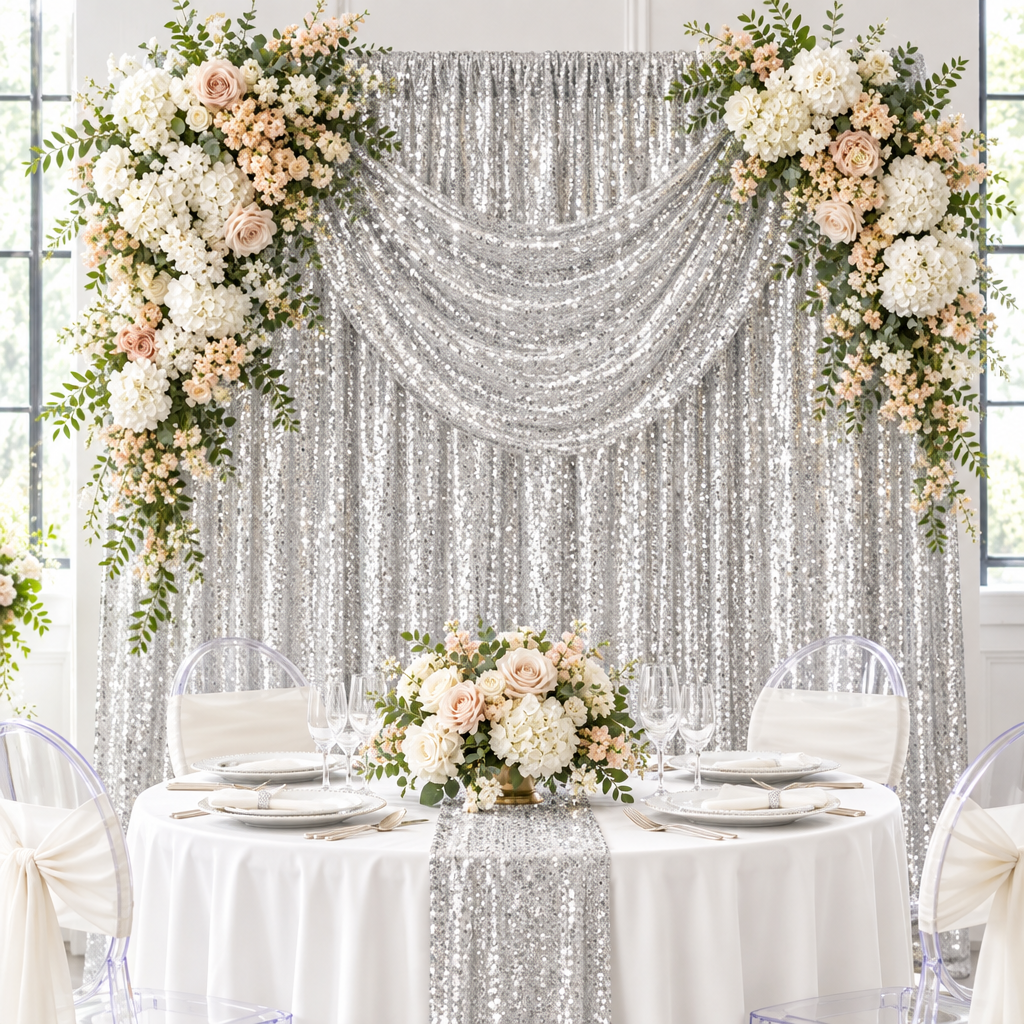 Glitz Sequin Mesh Net 16ft H x 52" W Drape/Backdrop panel - Silver.