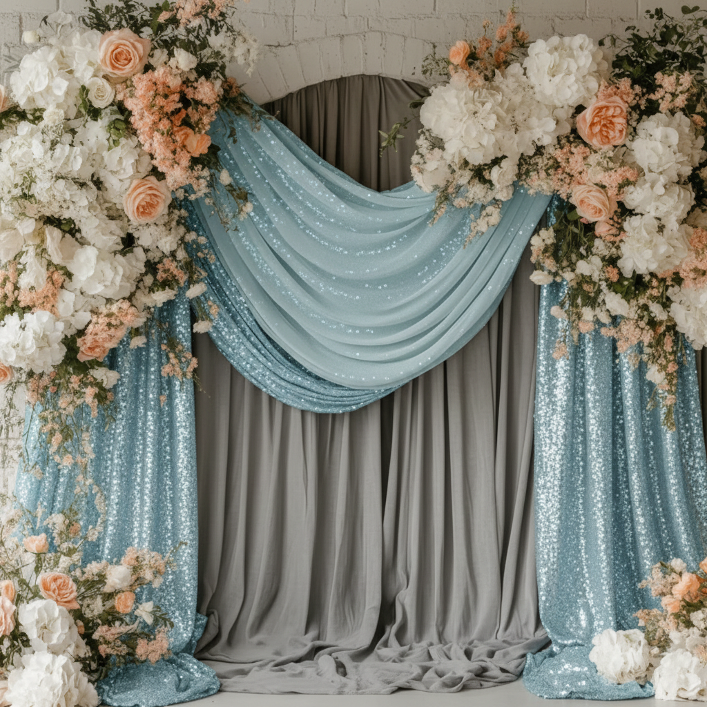 Glitz Sequin Mesh Net 12ft H x 52" W Drape/Backdrop Panel - Baby Blue.