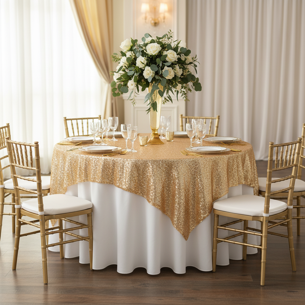 Glitz Sequin Mesh Net Table Overlay Topper 72"x72" Square - Gold.