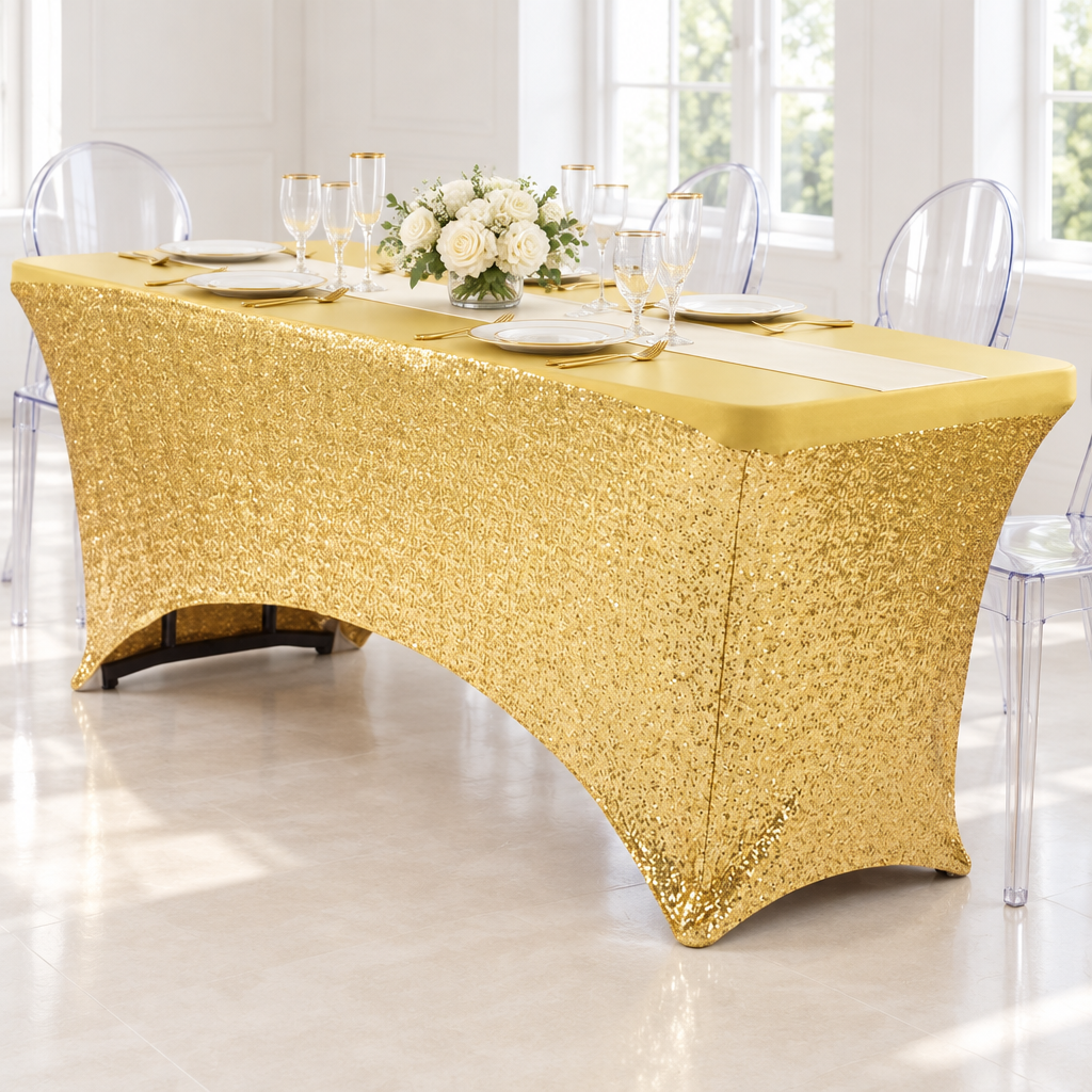 Glitz Sequin Spandex Table Cover 6 FT Rectangular - Gold.