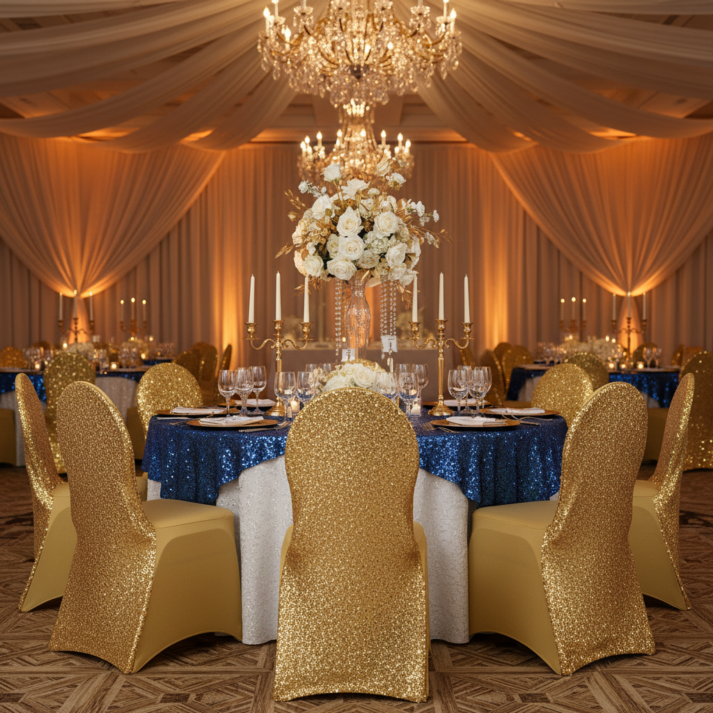 Glitz Sequin Stretch Spandex Banquet Chair Cover - Gold Gala Mockup