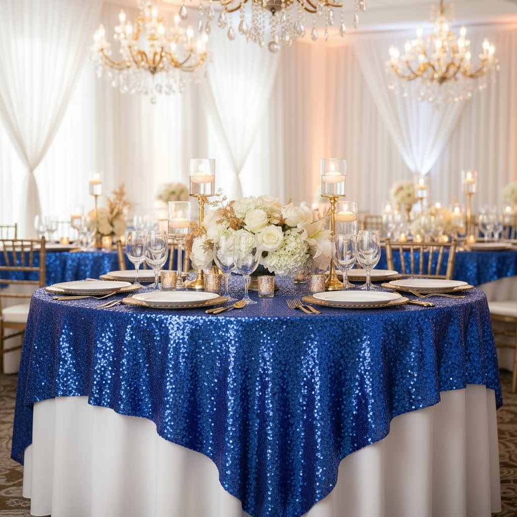 Glitz Sequin Table Overlay Topper 90"x90" - Royal Blue Bright Setting