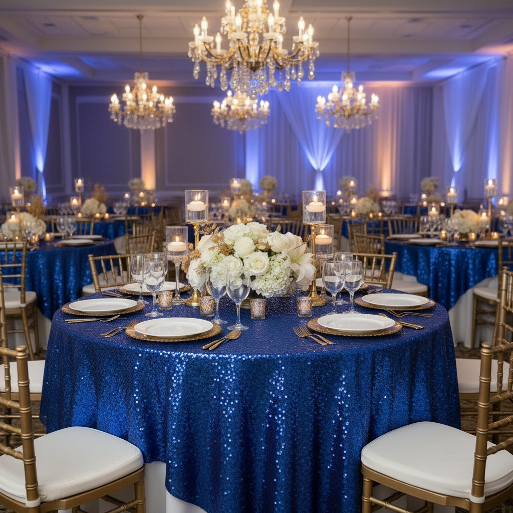 Glitz Sequin Table Overlay Topper 90"x90" - Royal Blue Gala Setting