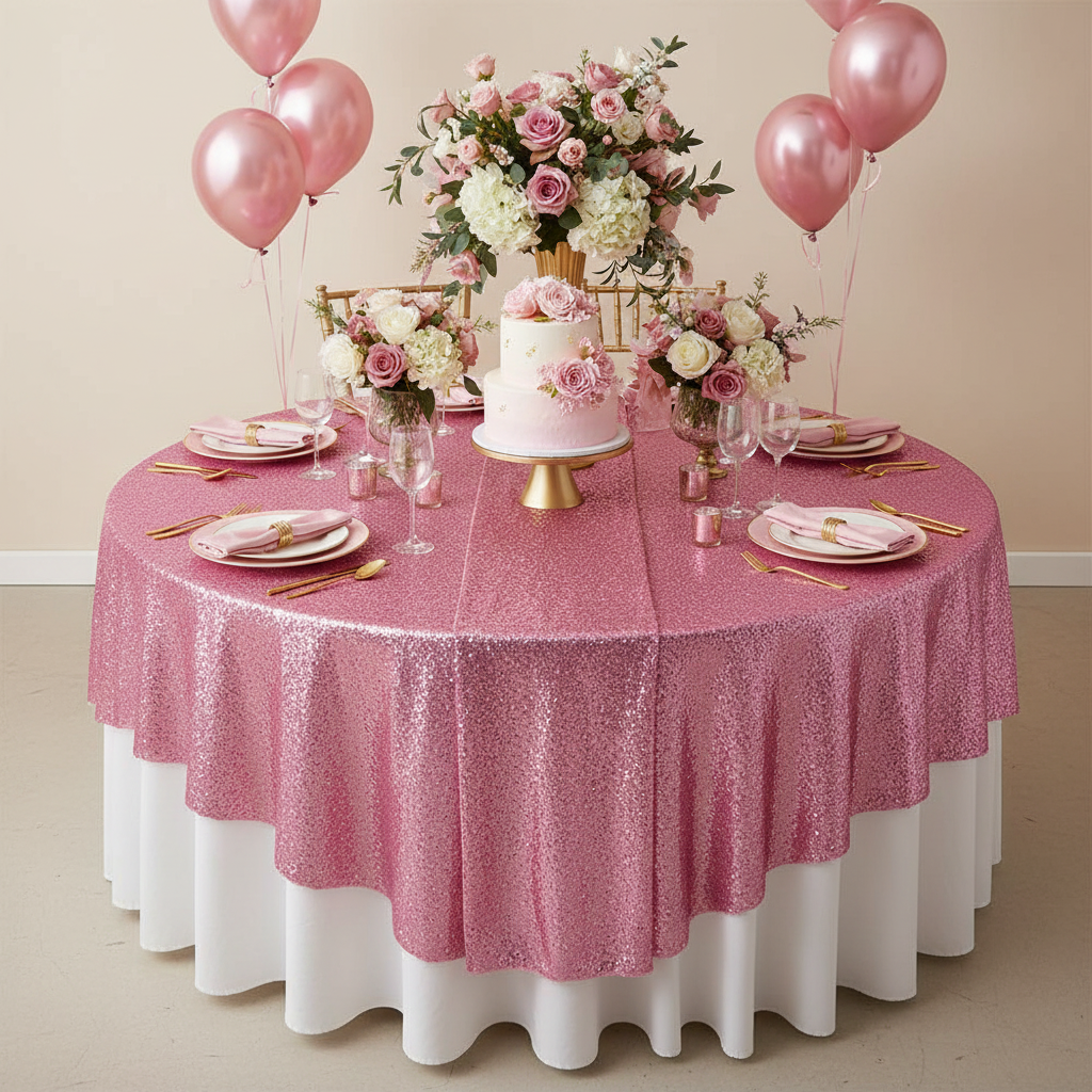Glitz Sequin Table Overlay Topper 90"x90" Square - Pink.