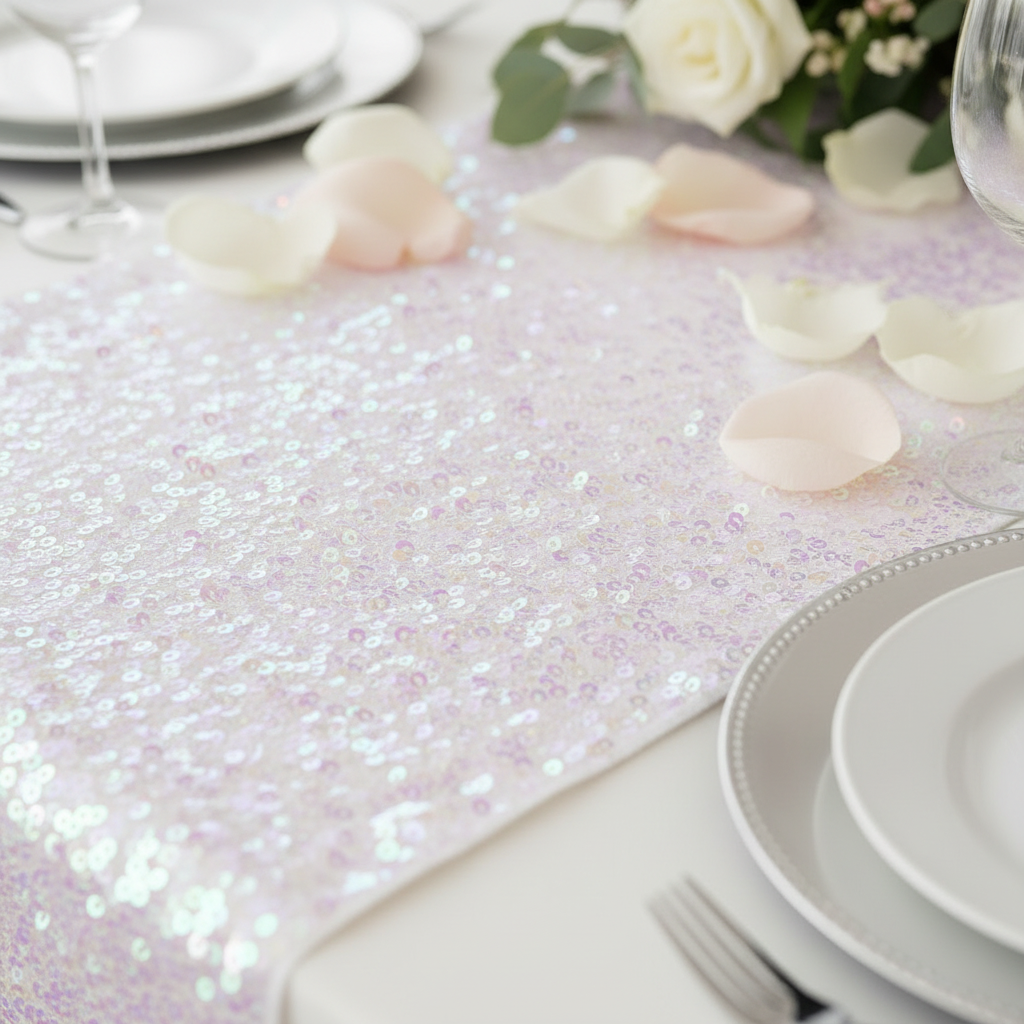 Glitz Sequin Table Runner - Iridescent White.