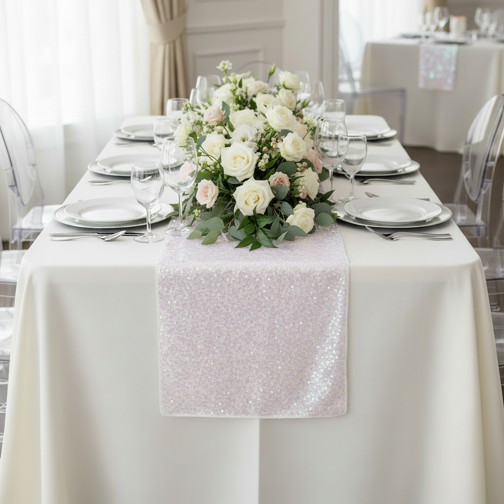 Glitz Sequin Table Runner - Iridescent White.