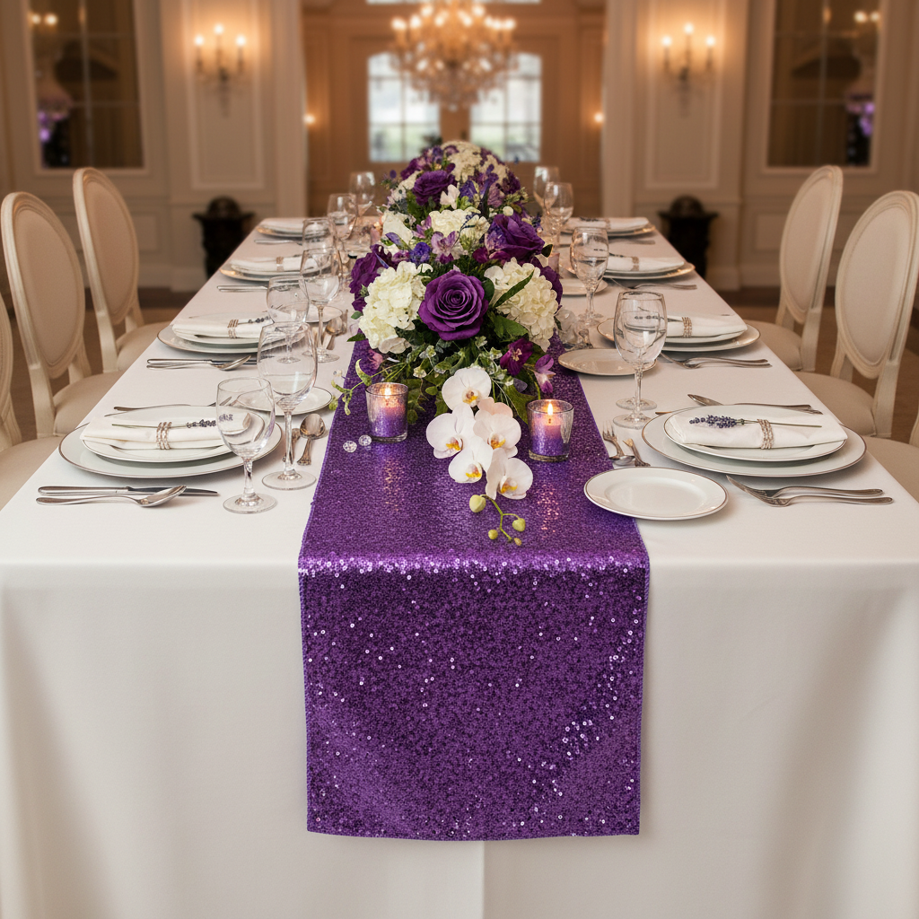 Glitz Sequin Table Runner - Purple in Indoor Reception.