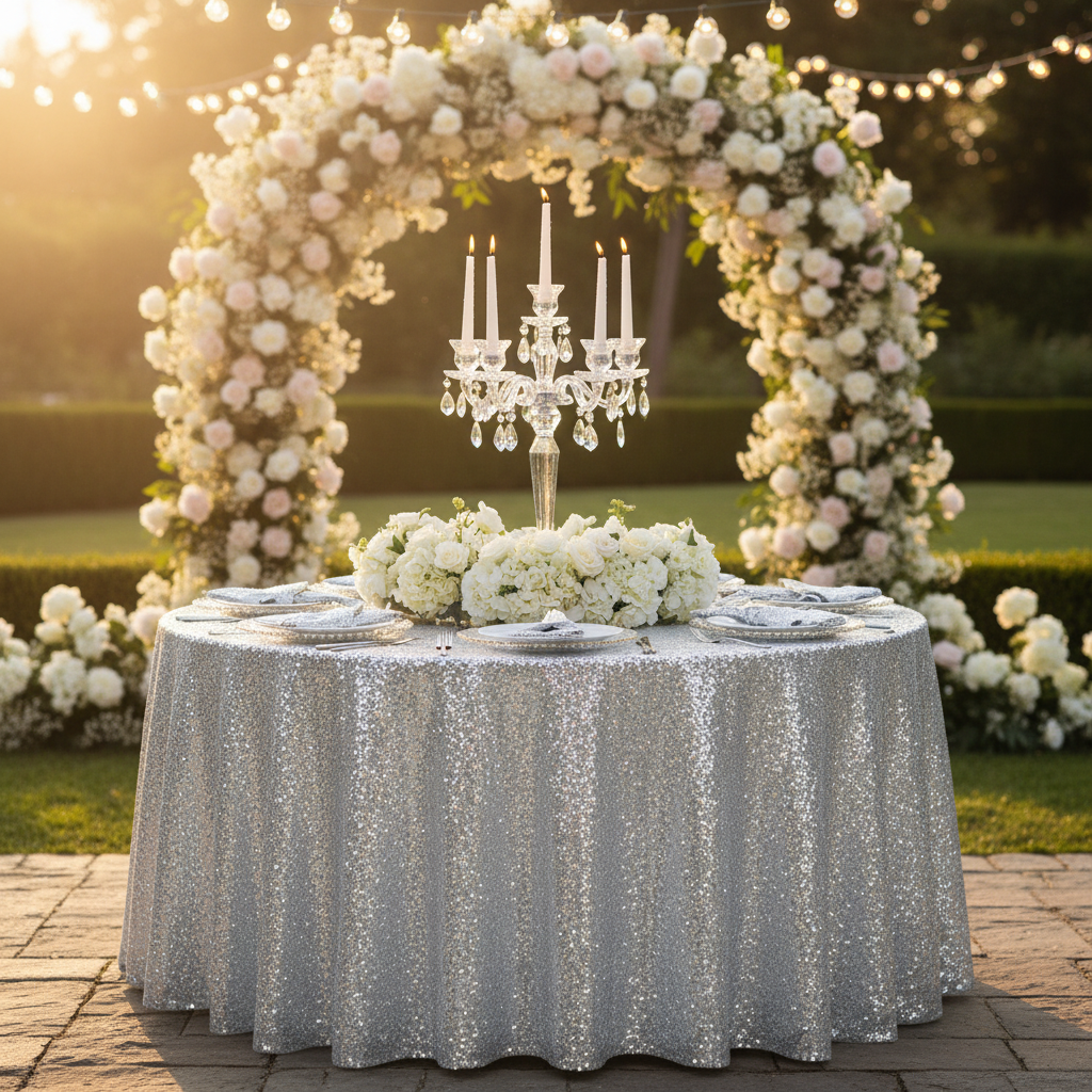 Glitz Sequins Silver Tablecloth - Outdoor Wedding Front View
