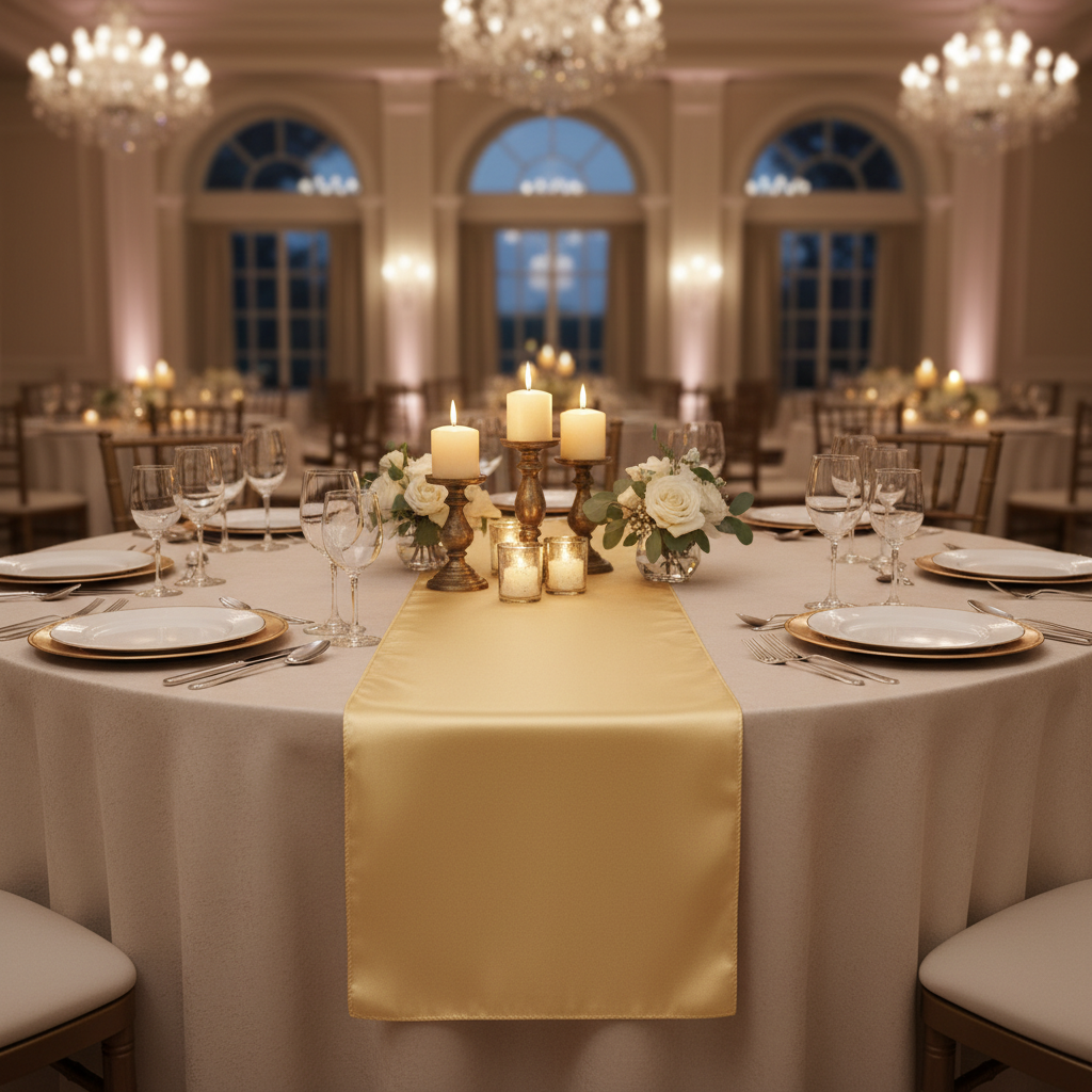 Satin Table Runner - Gold Antique with Chiavari Gold Chairs.