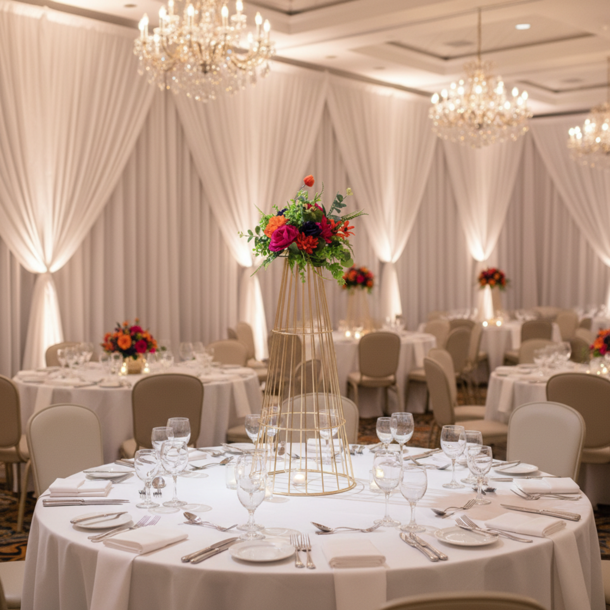 Gold Flower Centerpiece Pedestal - Indoor Wedding
