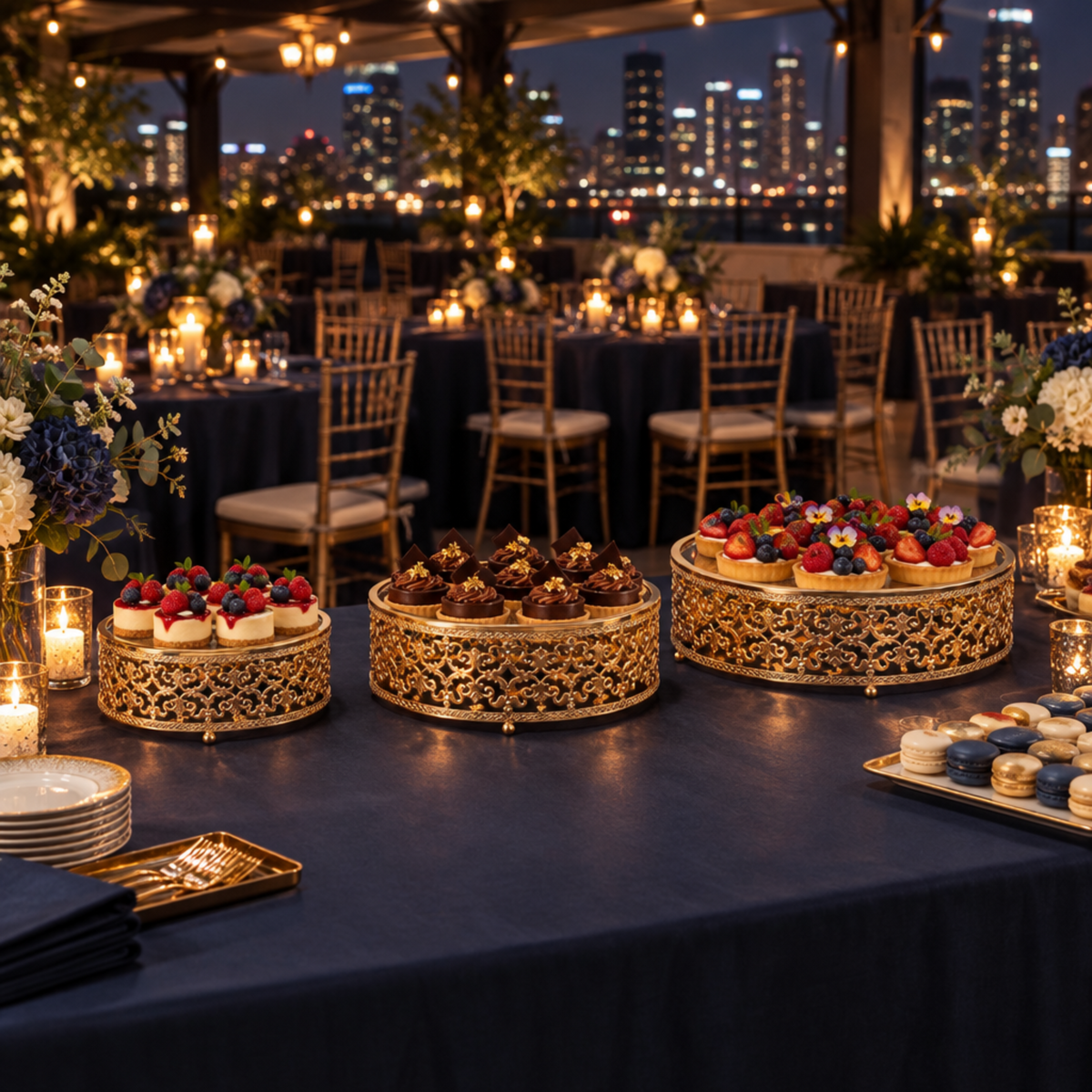 Gold cake stands at a rooftop gala dessert table