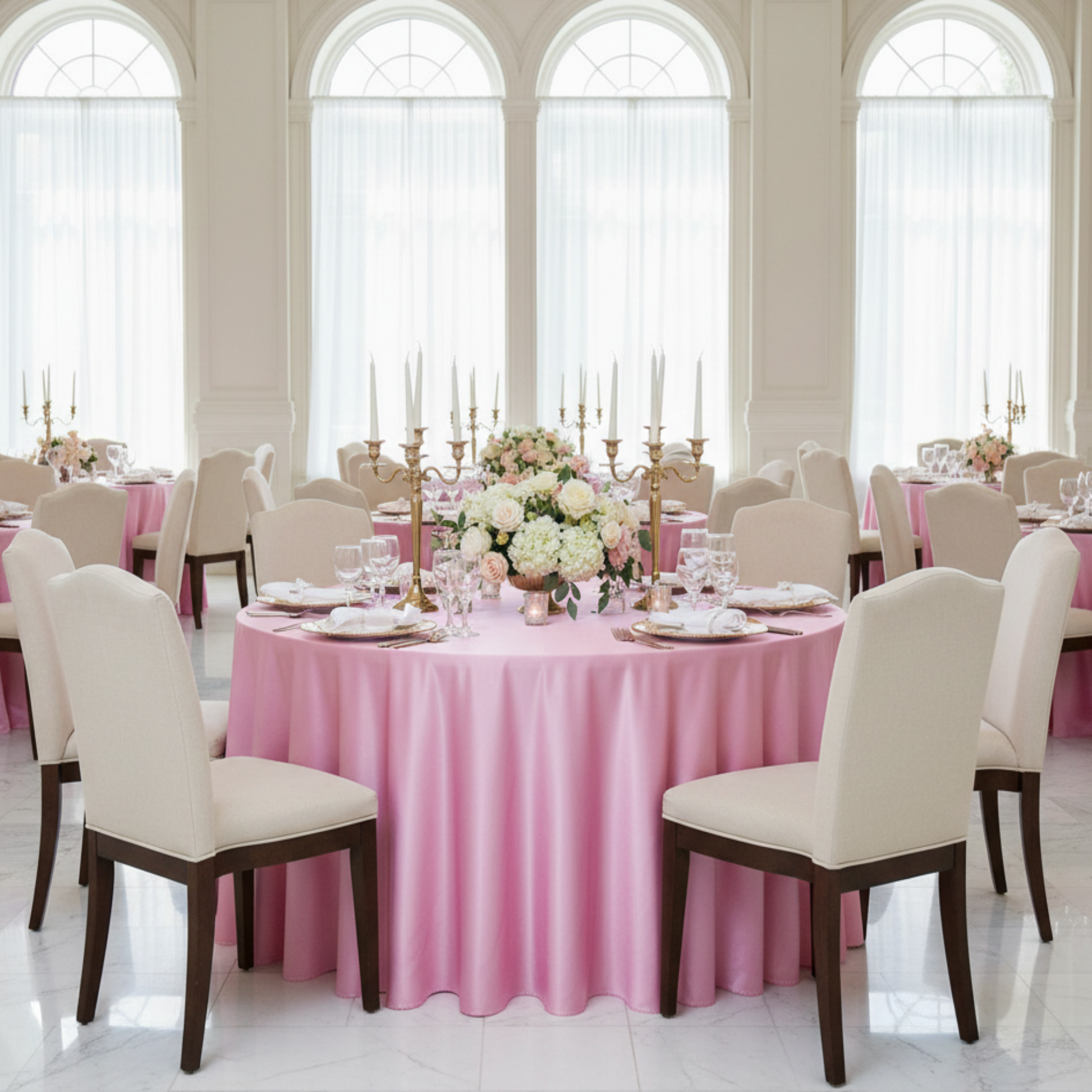 Grand Hall Formal Event Medium Pink 132 Round Satin Round Tablecloth 