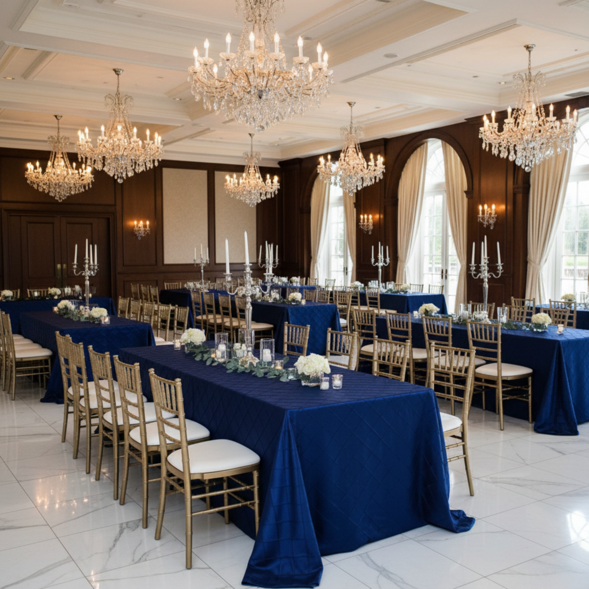 Grand hotel ballroom with navy blue pintuck tablecloth on 6ft rectangular tables