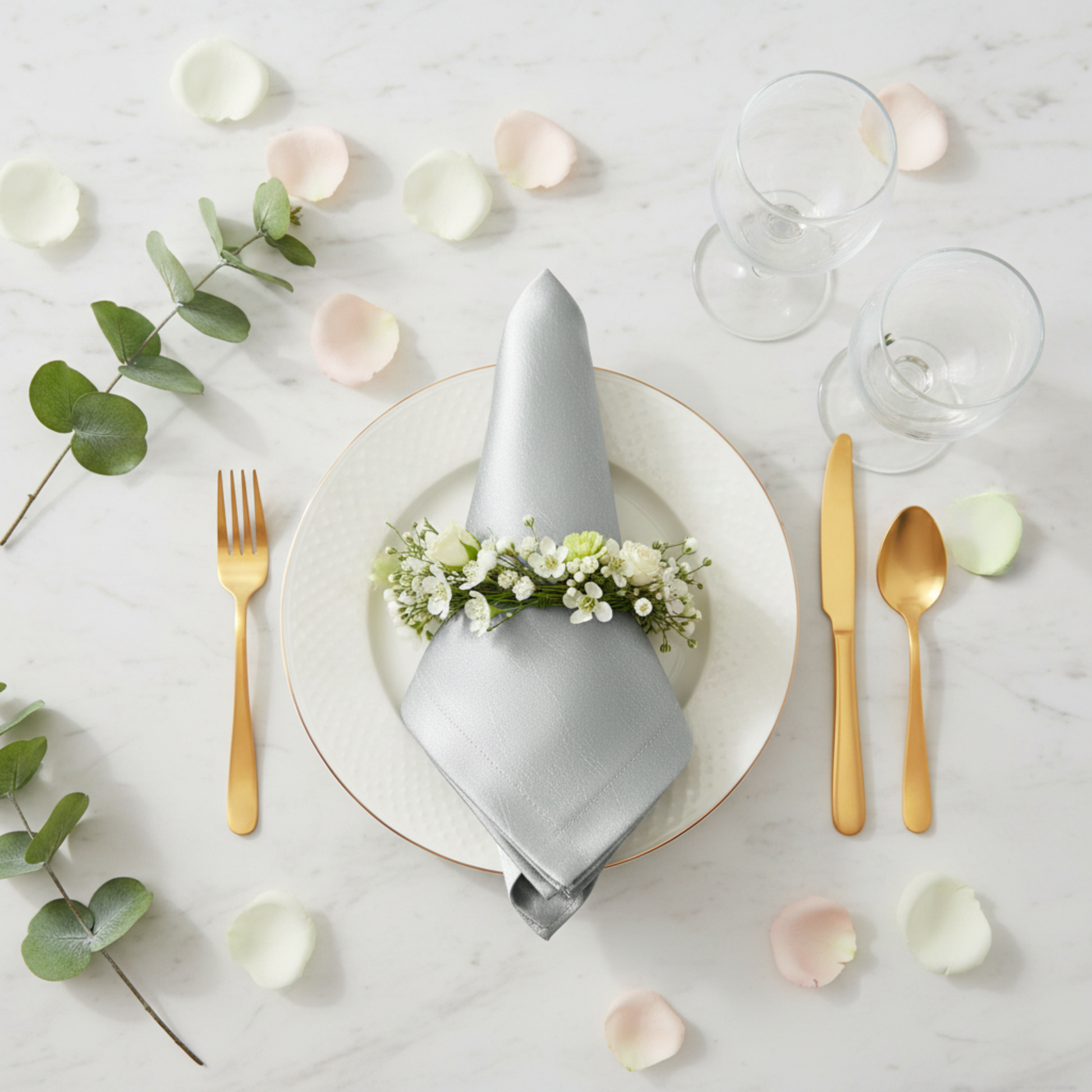 Gray Silver Taffeta Napkin Flat Lay with Floral Napkin Ring