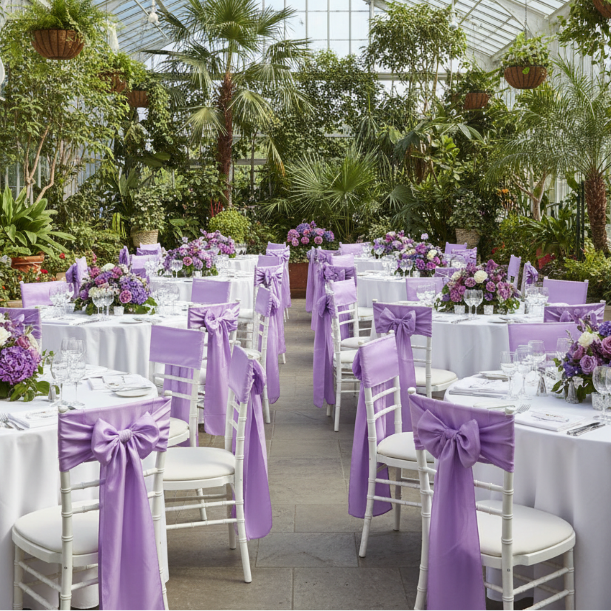 Greenhouse conservatory reception with lilac chair sashes