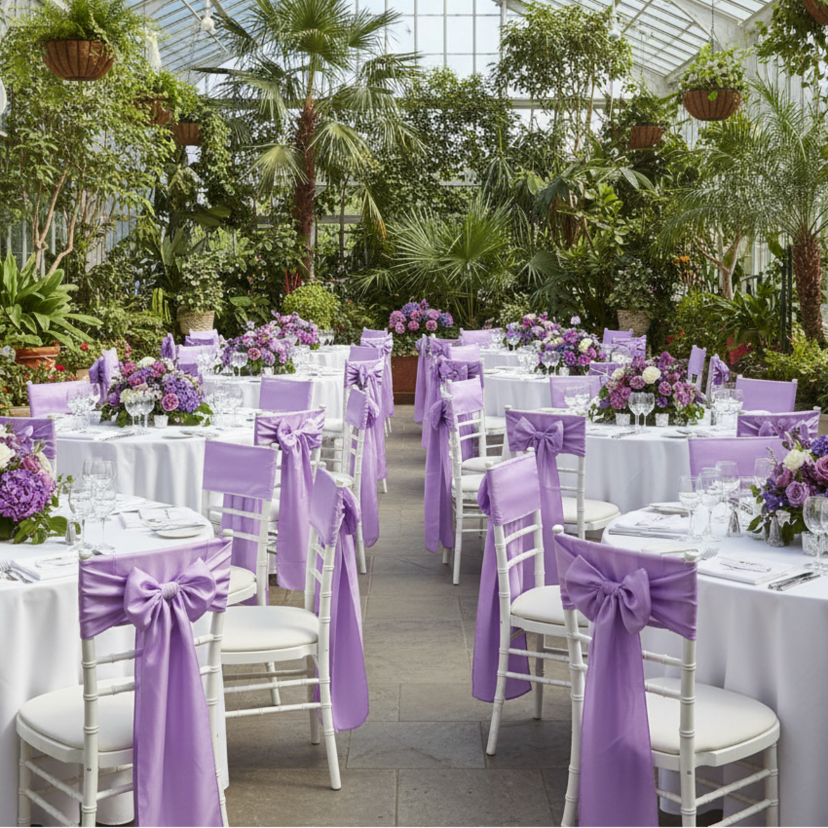 Greenhouse conservatory reception with lilac chair sashes