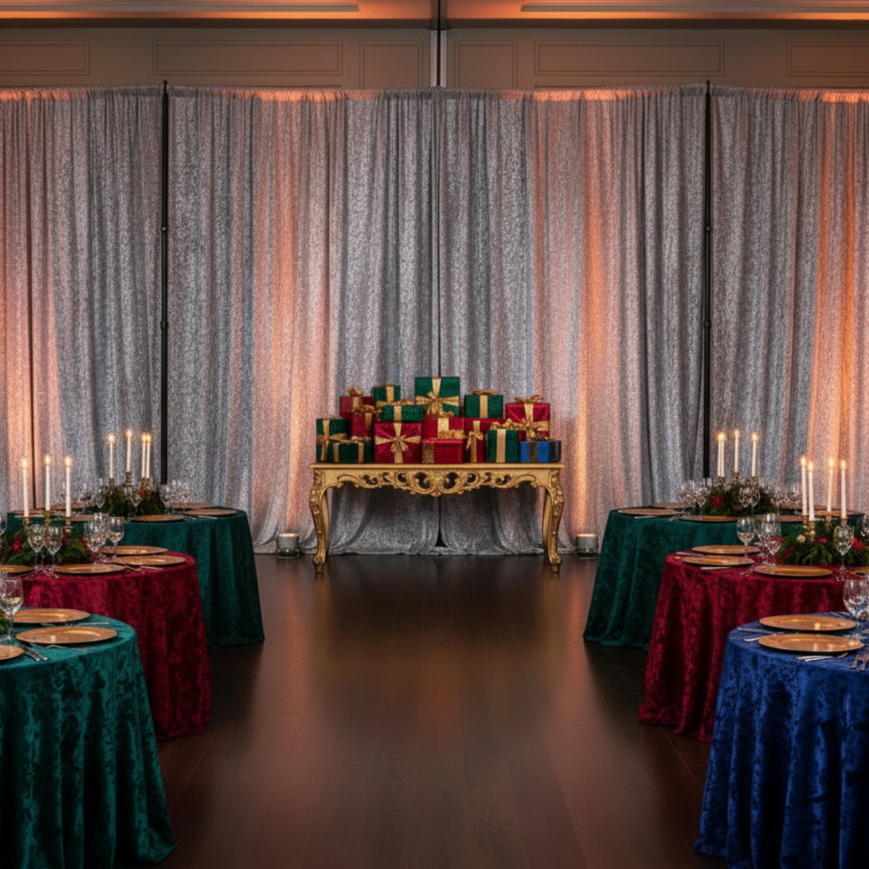 Holiday Ballroom with 12FT Silver Velvet Drape Backdrop