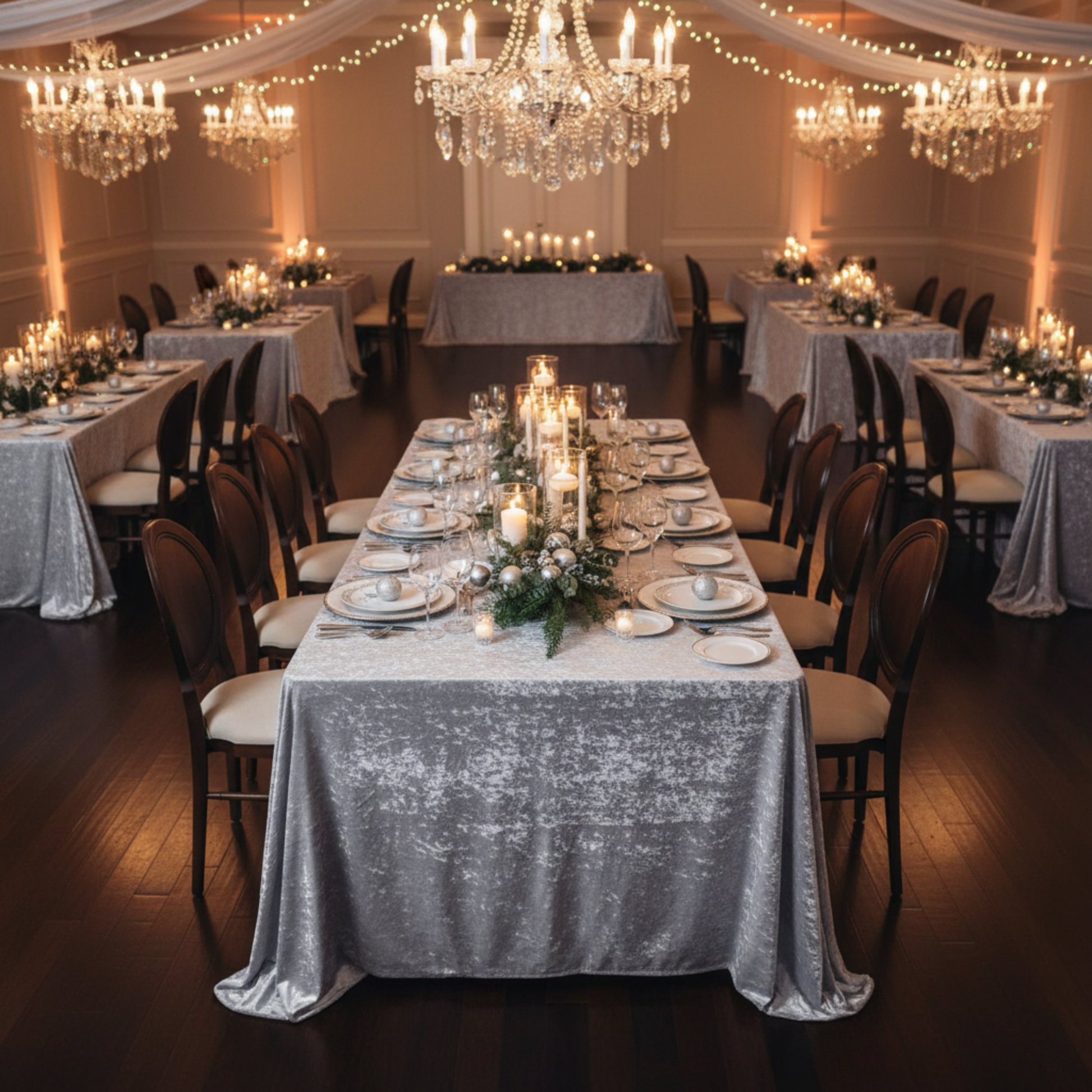 Holiday Party Banquet - Silver Velvet Tablecloth