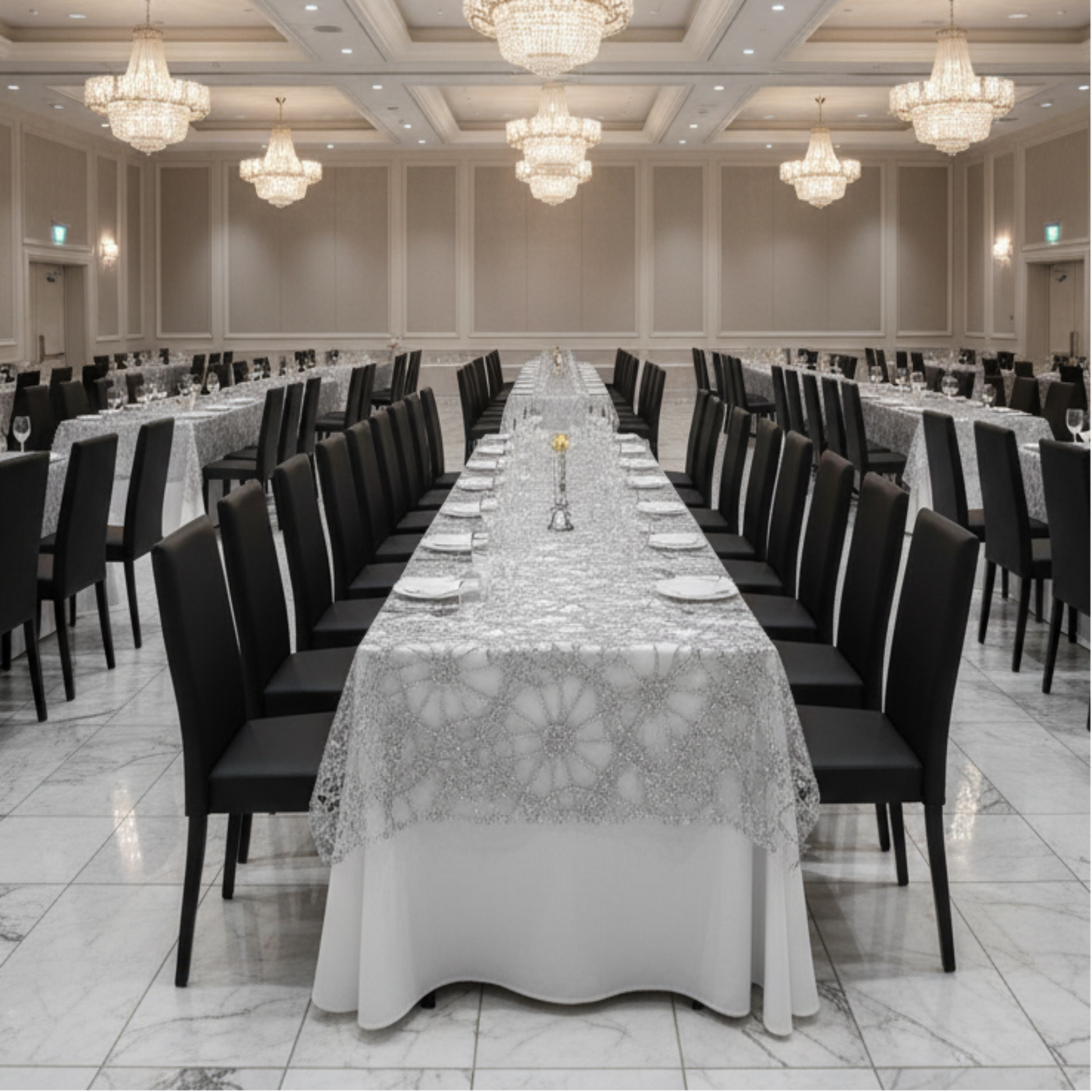 Hotel ballroom gala with silver chain lace table overlay