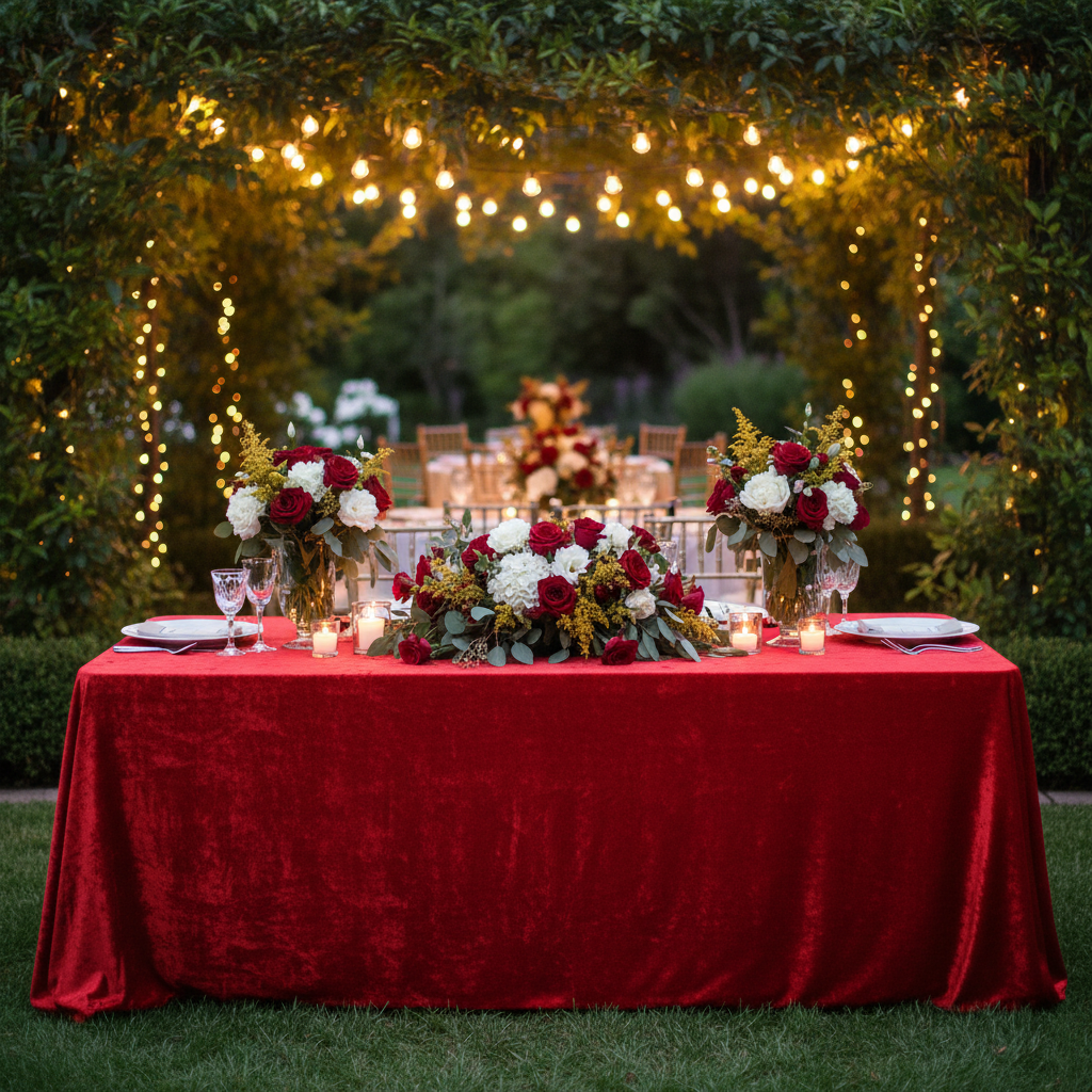 Red velvet rectangular tablecloth on table at outdoor garden wedding reception with greenery and string lights