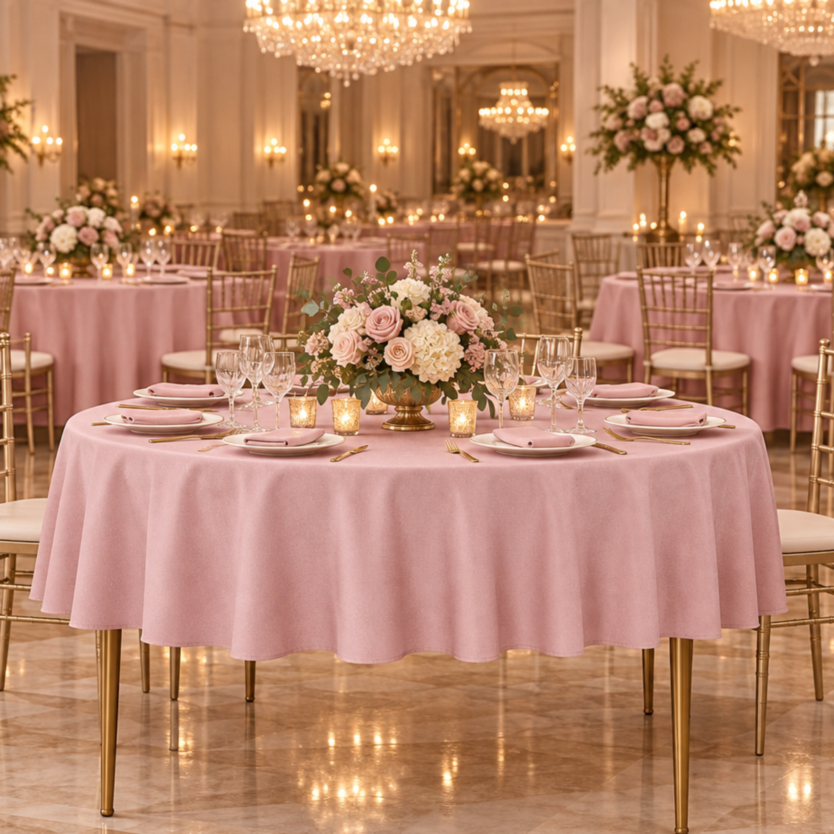 Indoor ballroom with matching dusty rose tablecloths on slim gold-legged tables, front three-quarter angle