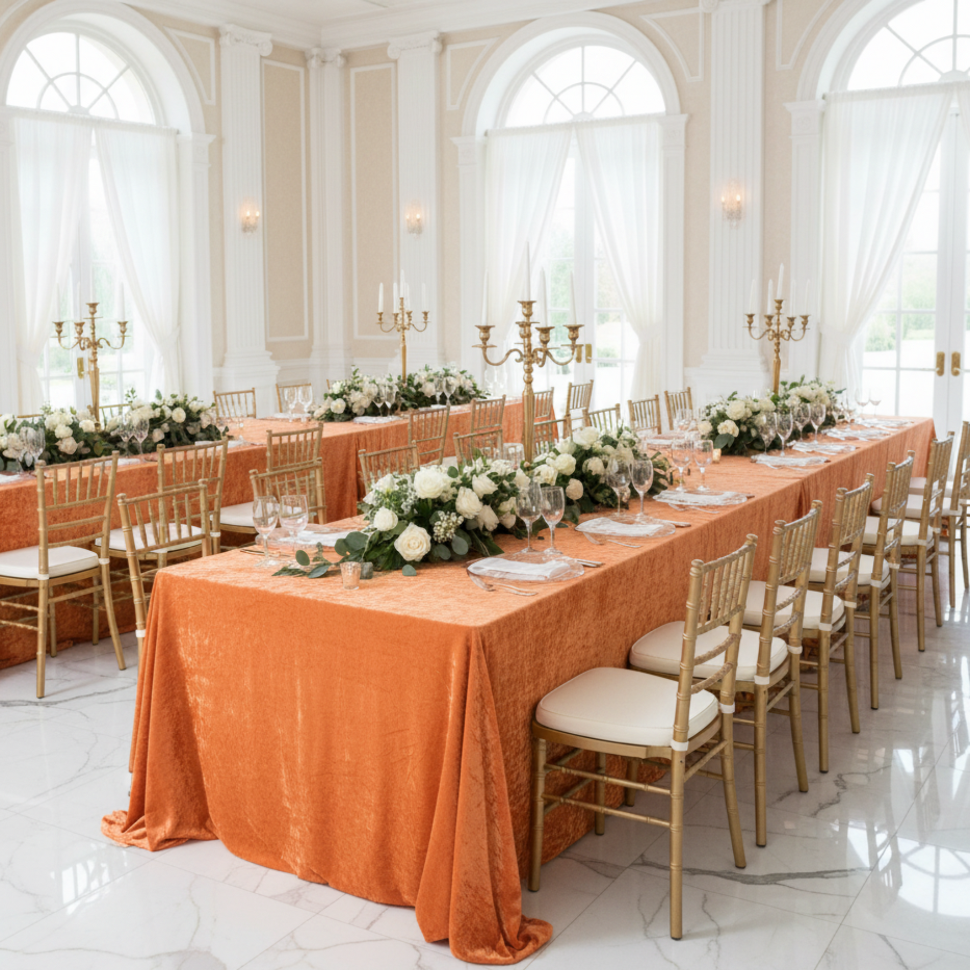 Indoor ballroom long tables with orange velvet tablecloths